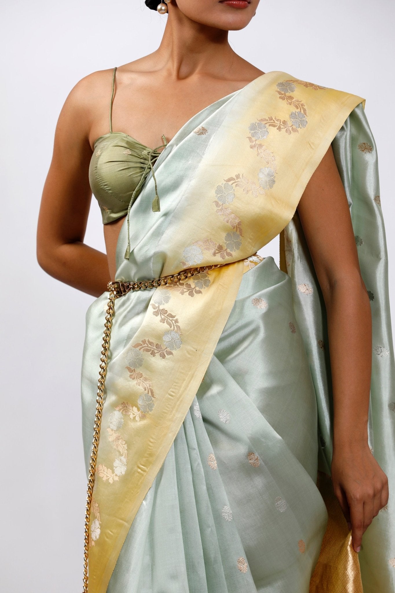HANDWOVEN PISTA GREEN AND LIME YELLOW SILK SAREE - White Maison de Couture