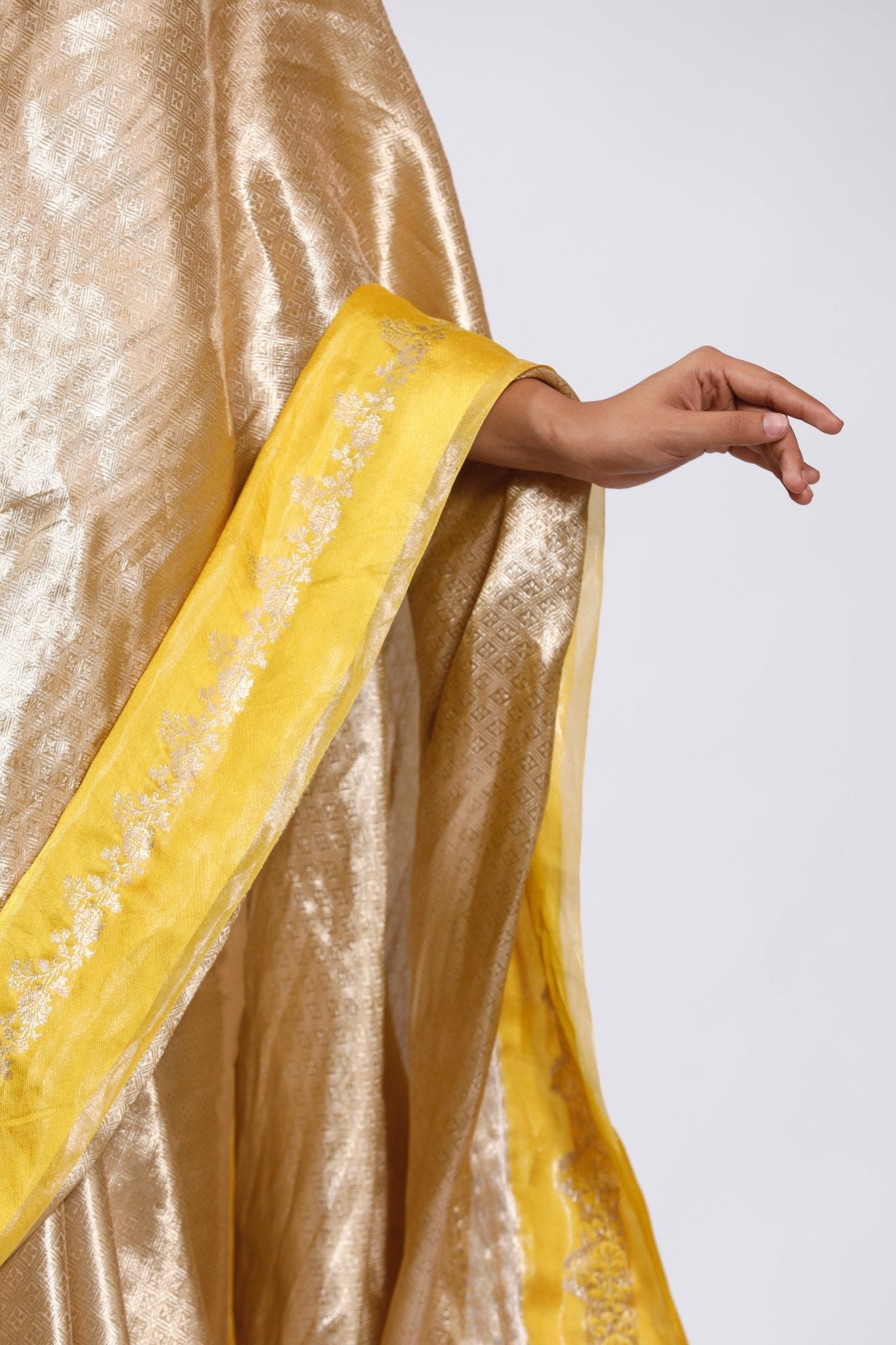 HANDWOVEN TISSUE BROCADE SAREE WITH SATIN BORDERS - White Maison de Couture