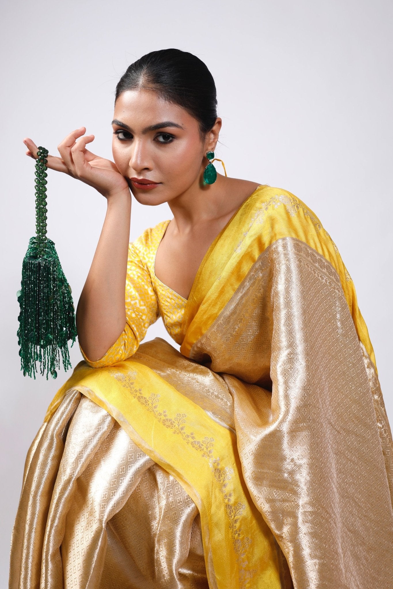 HANDWOVEN TISSUE BROCADE SAREE WITH SATIN BORDERS - White Maison de Couture
