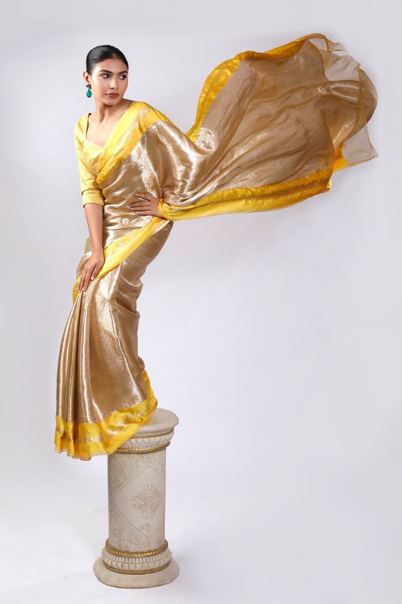 HANDWOVEN TISSUE BROCADE SAREE WITH SATIN BORDERS - White Maison de Couture