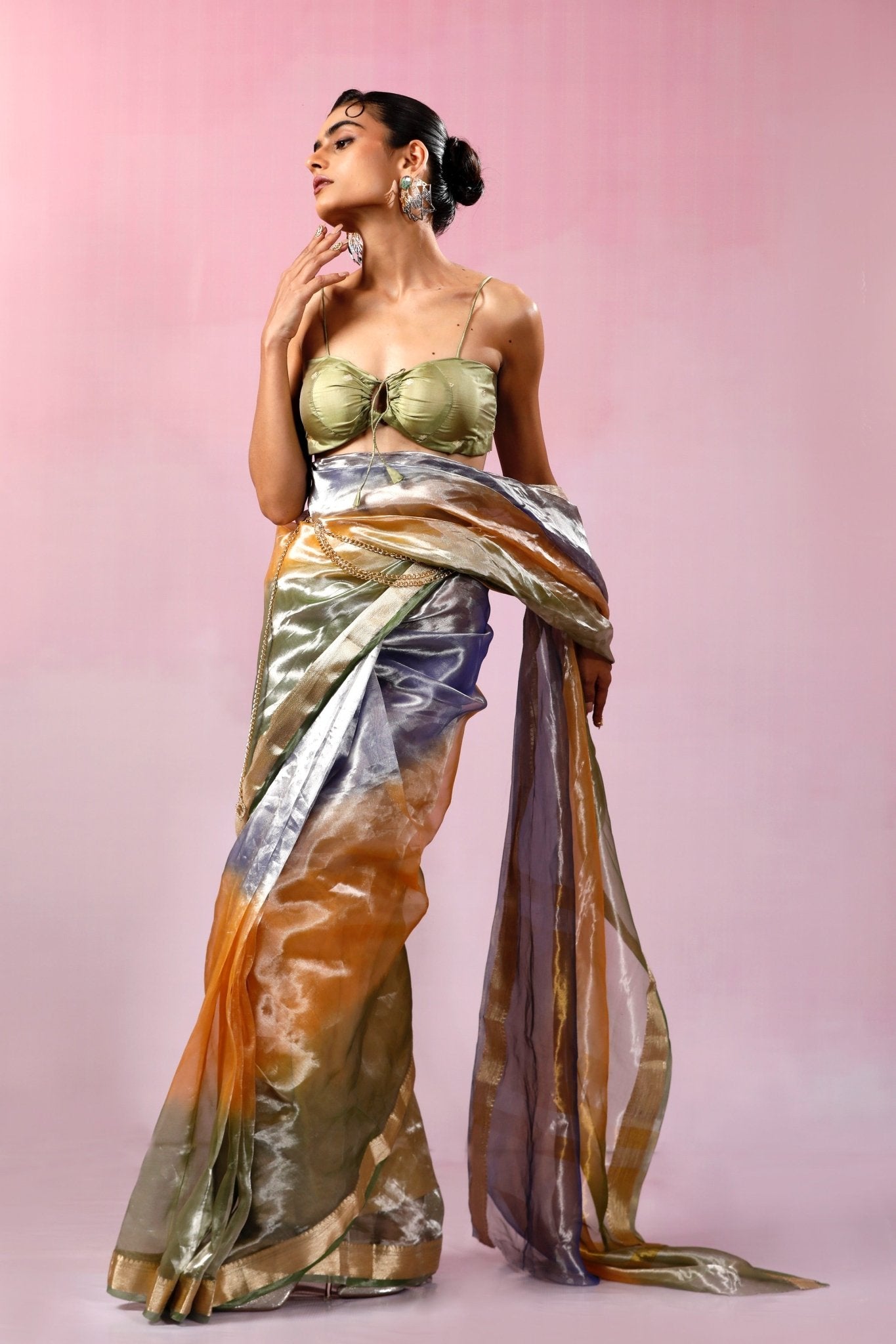 HANDWOVEN TRI COLOUR TISSUE NARROW BORDER SAREE - White Maison de Couture