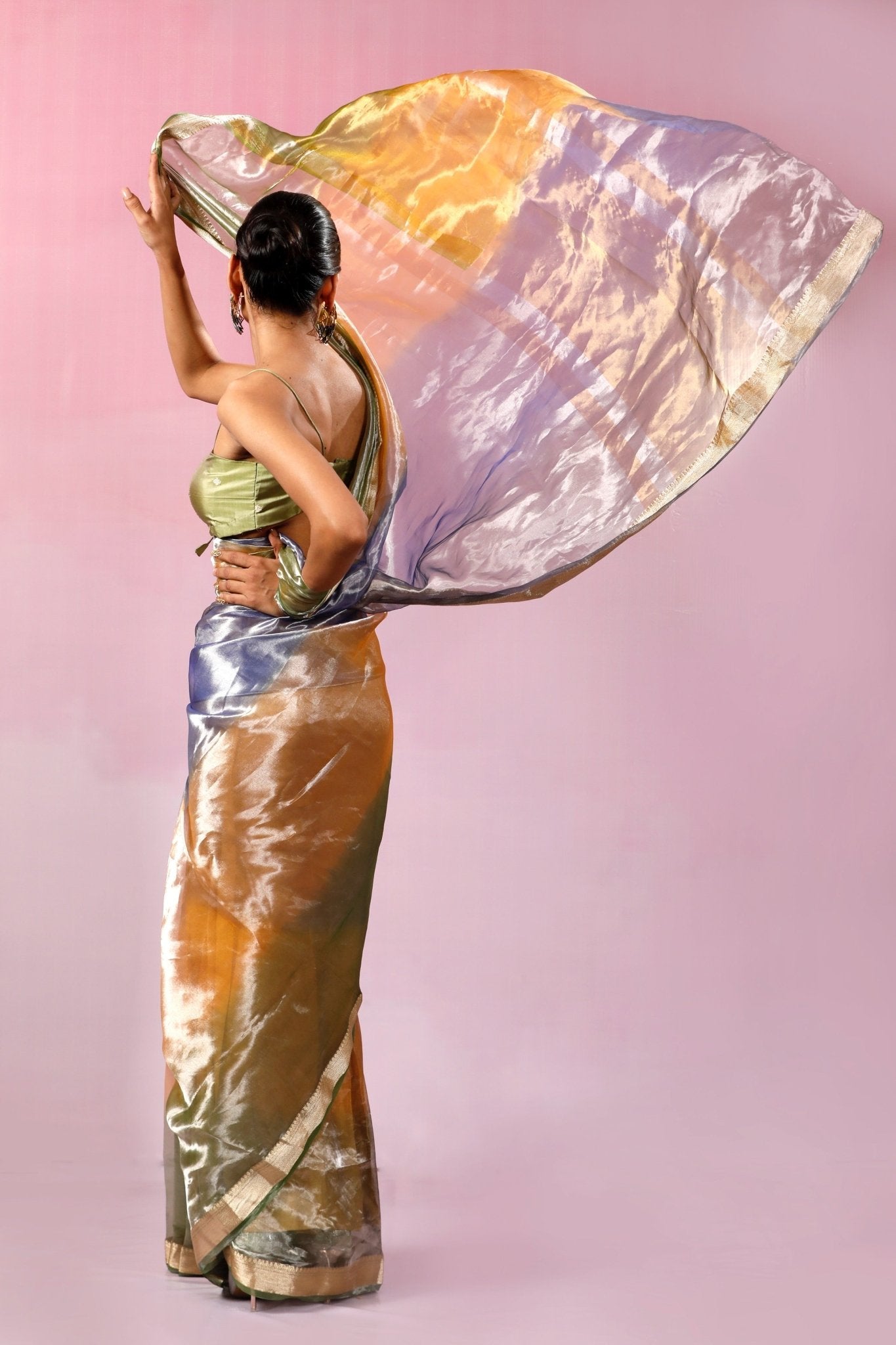 HANDWOVEN TRI COLOUR TISSUE NARROW BORDER SAREE - White Maison de Couture