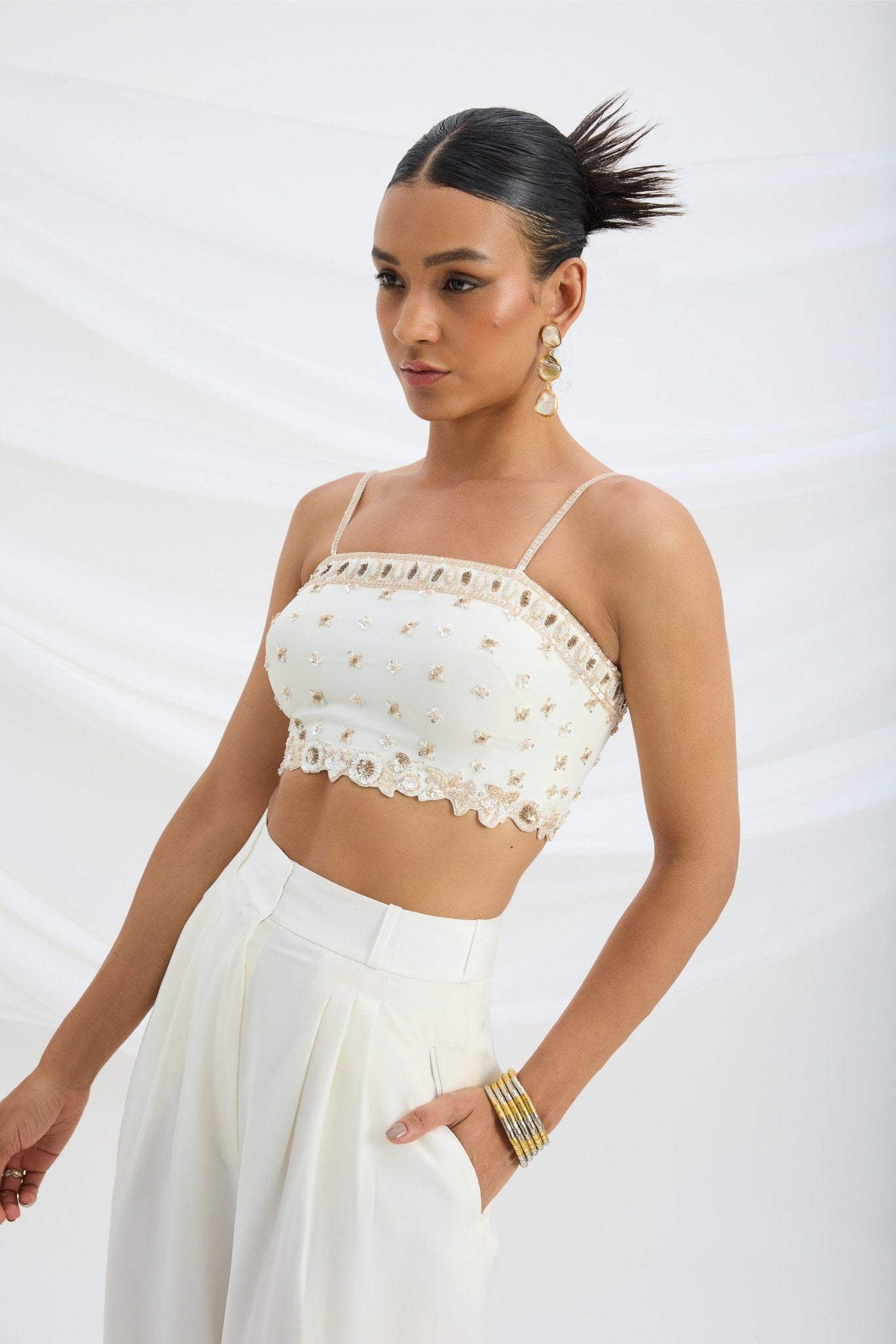 IVORY EMBROIDERED CROP TOP AND BOTTOM - White Maison de Couture