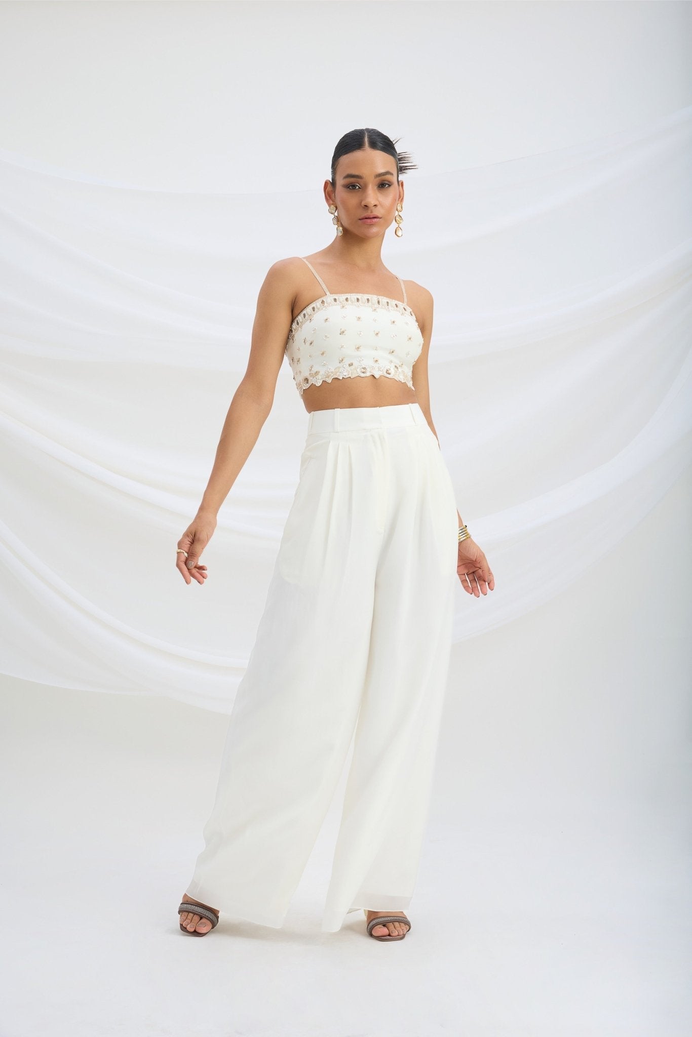 IVORY EMBROIDERED CROP TOP AND BOTTOM - White Maison de Couture
