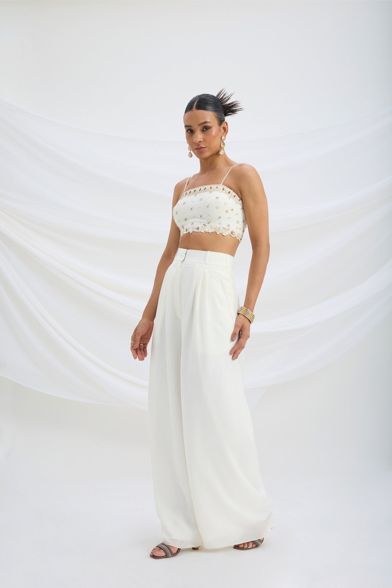 IVORY EMBROIDERED CROP TOP AND BOTTOM - White Maison de Couture