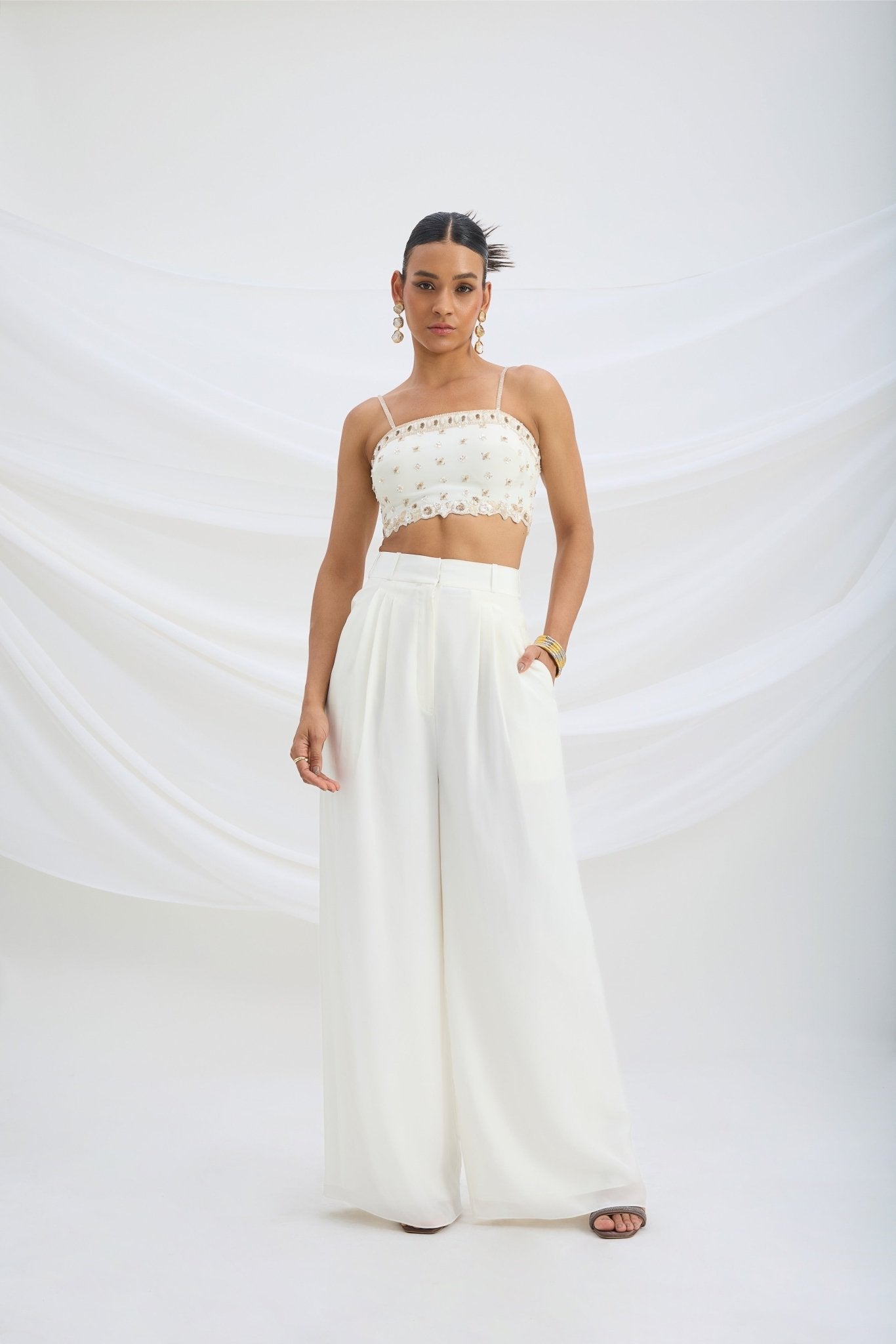 IVORY EMBROIDERED CROP TOP AND BOTTOM - White Maison de Couture