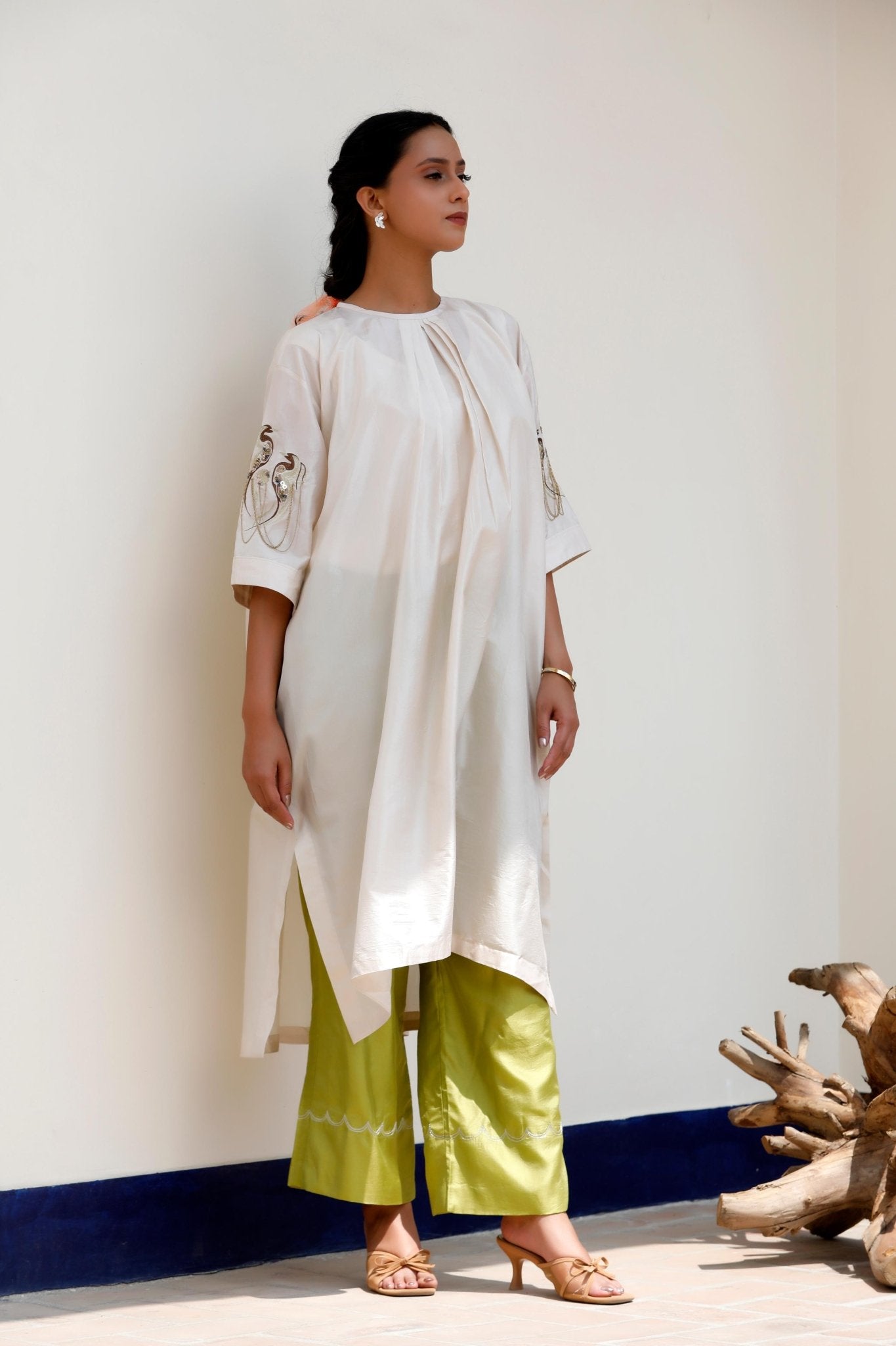 IVORY & GREEN KURTA SET - White Maison de Couture
