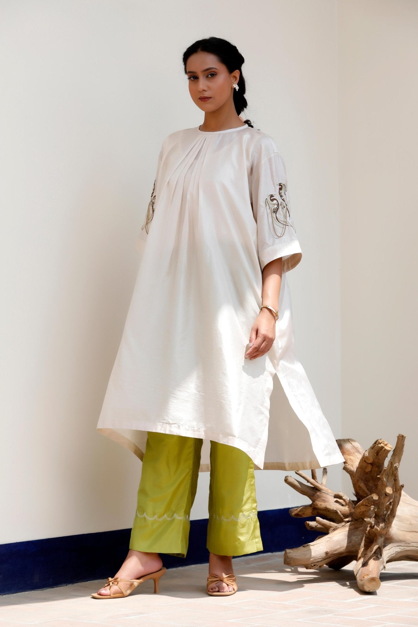 IVORY & GREEN KURTA SET - White Maison de Couture
