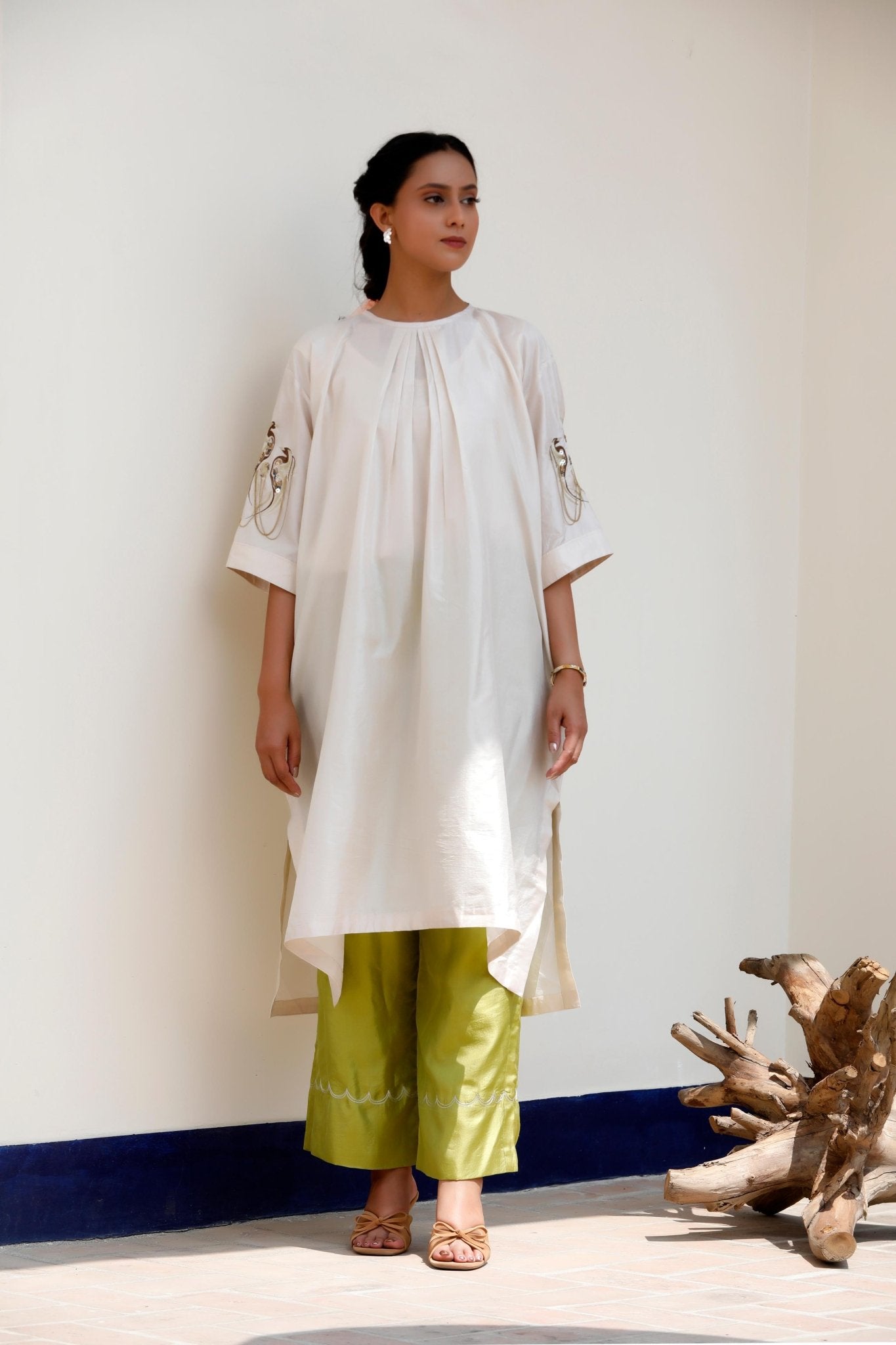 IVORY & GREEN KURTA SET - White Maison de Couture
