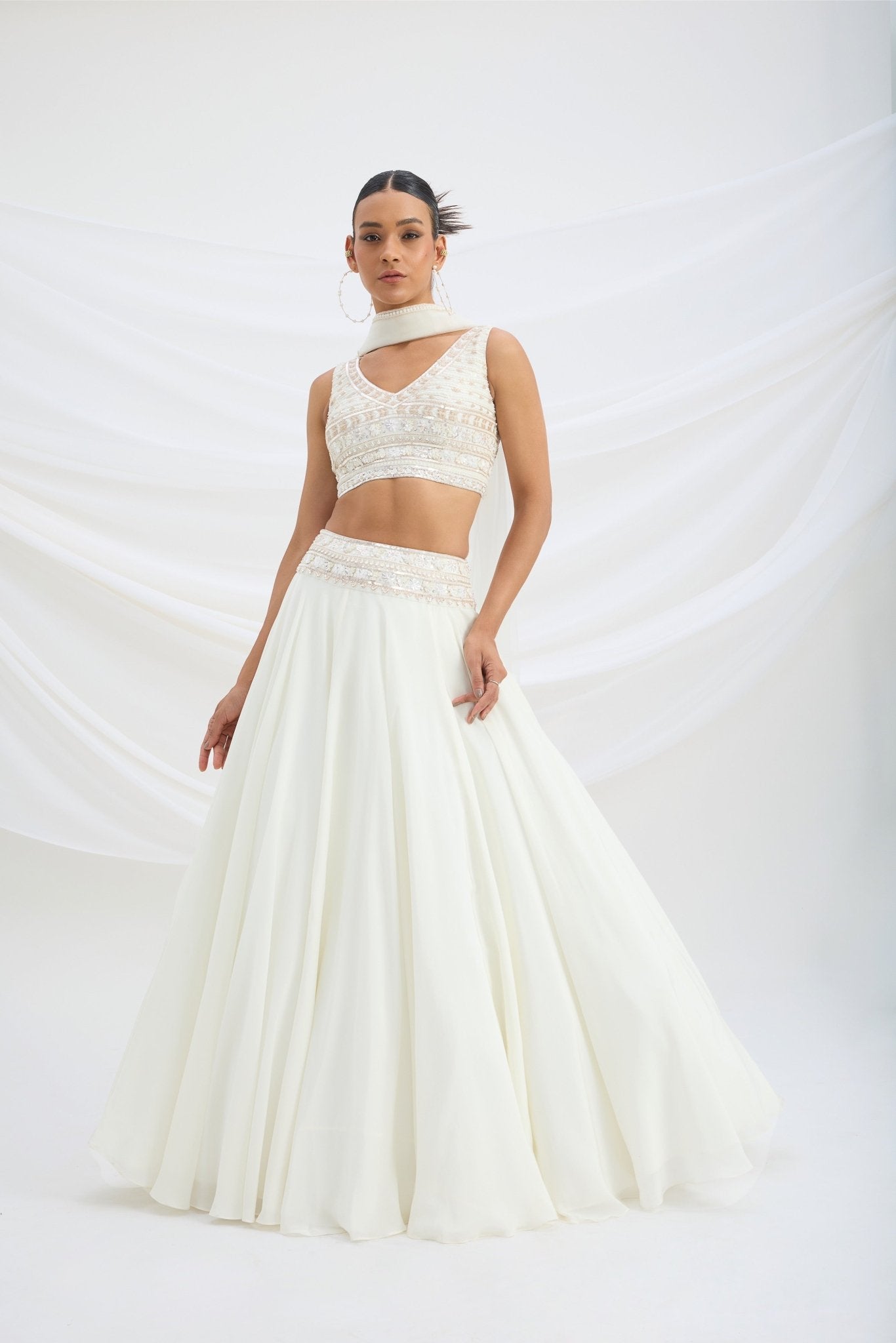 IVORY LEHENGA WITH EMBROIDERED STITCHED BLOUSE AND DUPATTA - White Maison de Couture