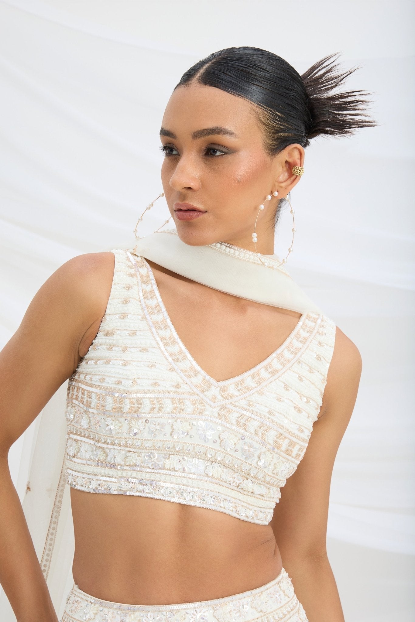 IVORY LEHENGA WITH EMBROIDERED STITCHED BLOUSE AND DUPATTA - White Maison de Couture