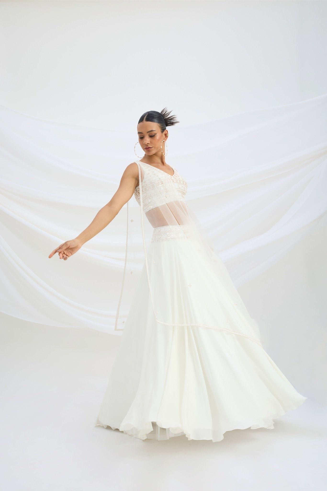 IVORY LEHENGA WITH EMBROIDERED STITCHED BLOUSE AND DUPATTA - White Maison de Couture