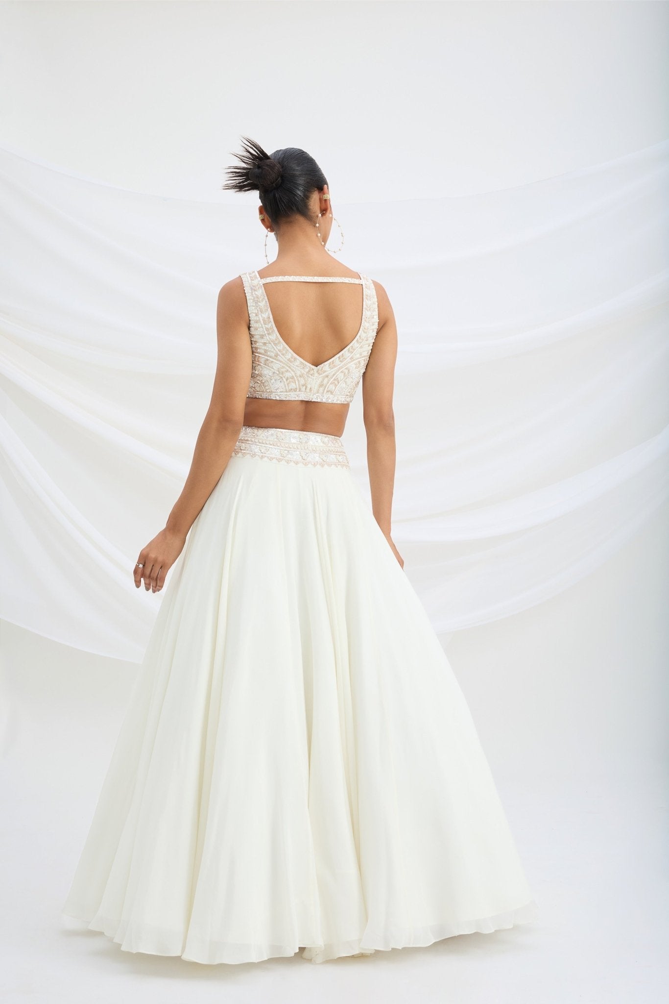 IVORY LEHENGA WITH EMBROIDERED STITCHED BLOUSE AND DUPATTA - White Maison de Couture