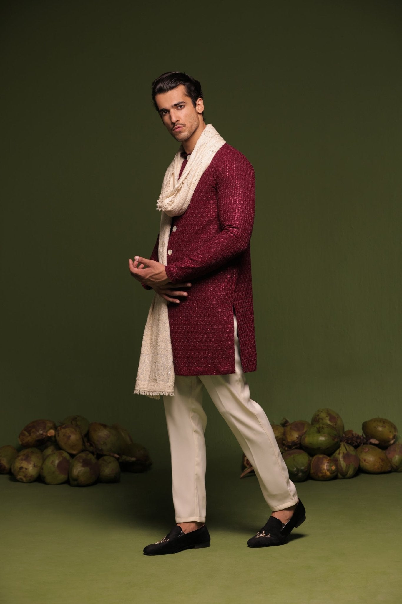 KAIDAR RED FRONT OPEN KURTA TROUSER SET WITH DUPATTA - White Maison de Couture