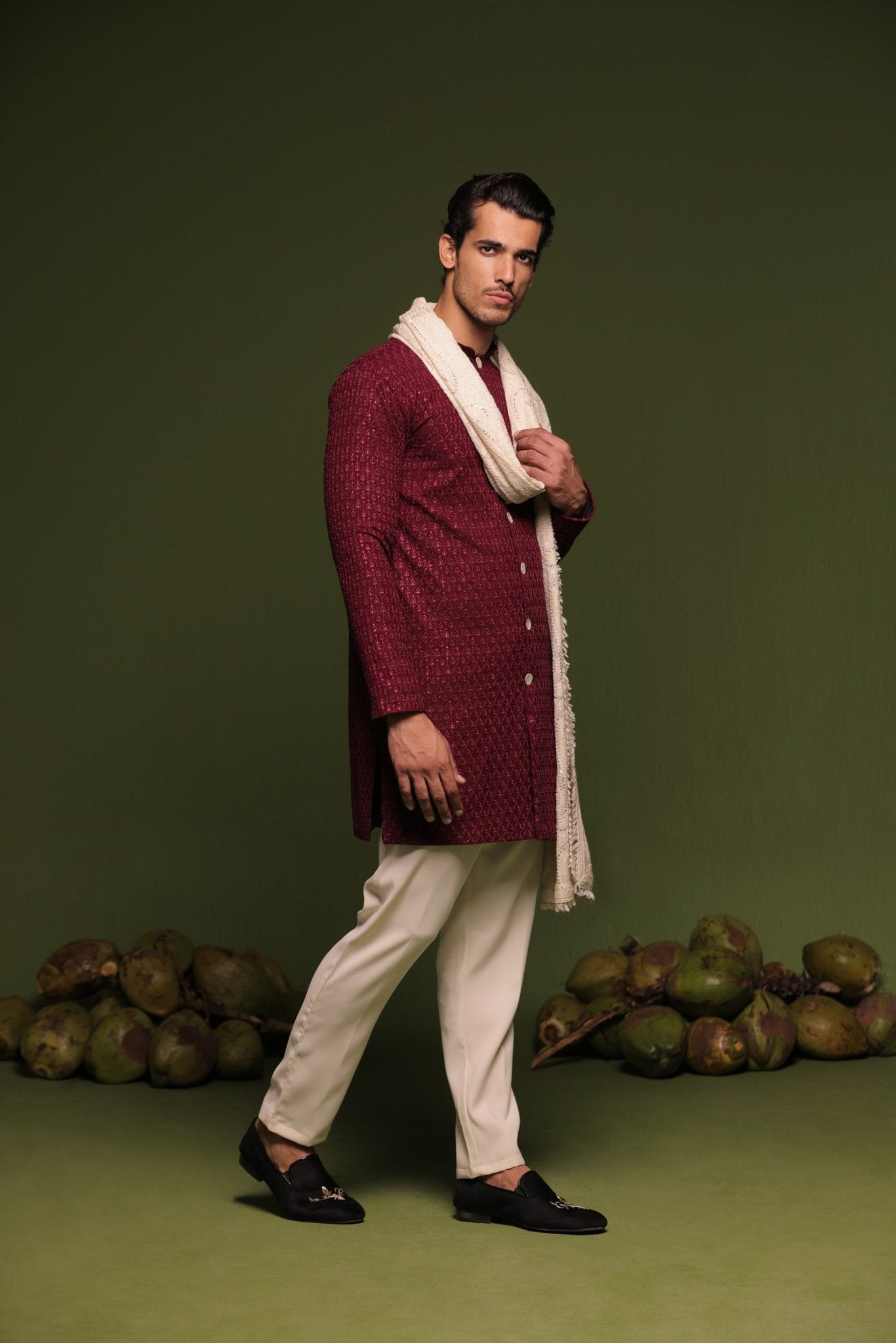 KAIDAR RED FRONT OPEN KURTA TROUSER SET WITH DUPATTA - White Maison de Couture