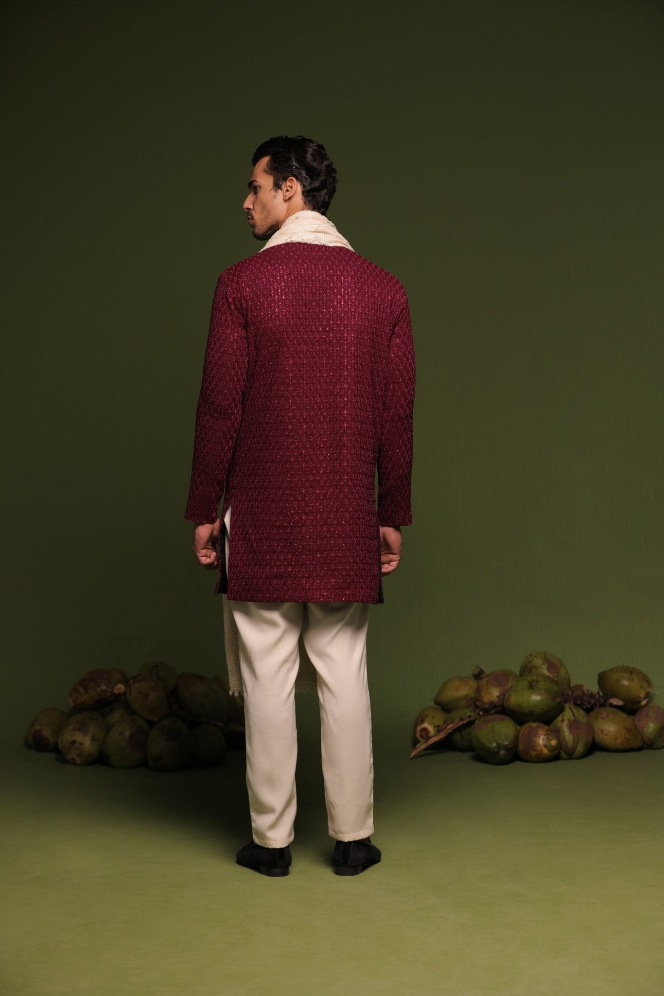 KAIDAR RED FRONT OPEN KURTA TROUSER SET WITH DUPATTA - White Maison de Couture