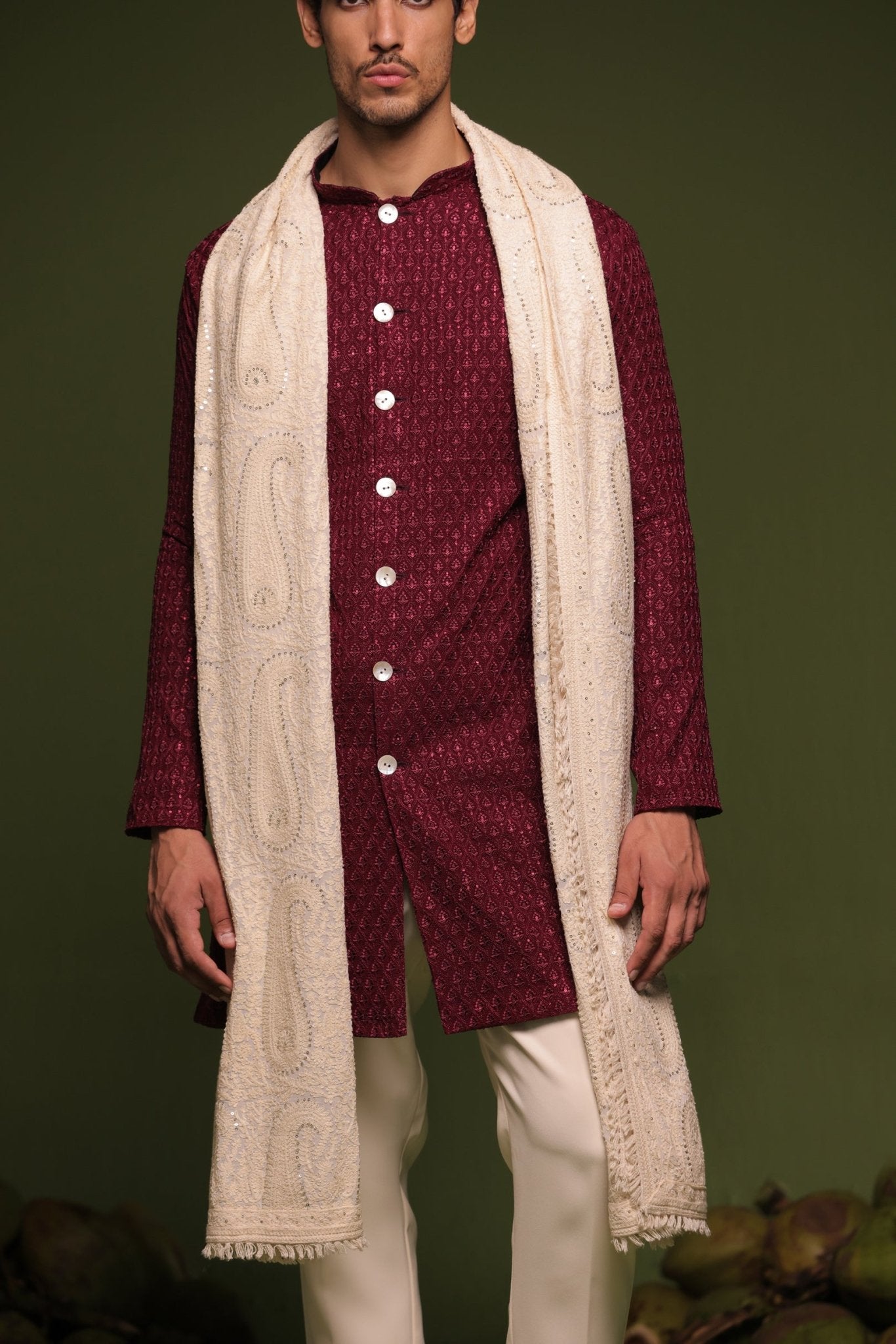 KAIDAR RED FRONT OPEN KURTA TROUSER SET WITH DUPATTA - White Maison de Couture