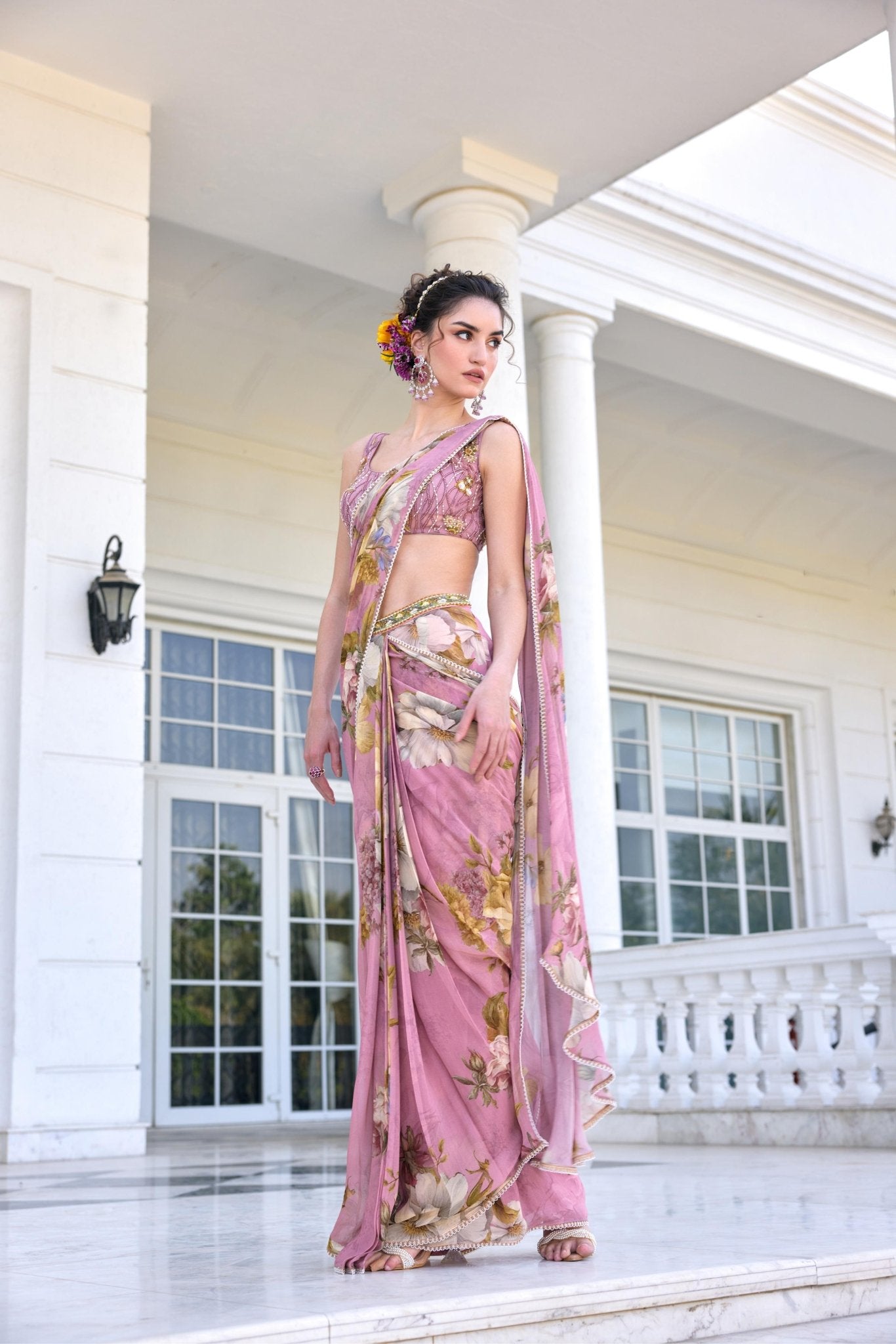 KEISHA DRAPED SAREE SET - White Maison de Couture