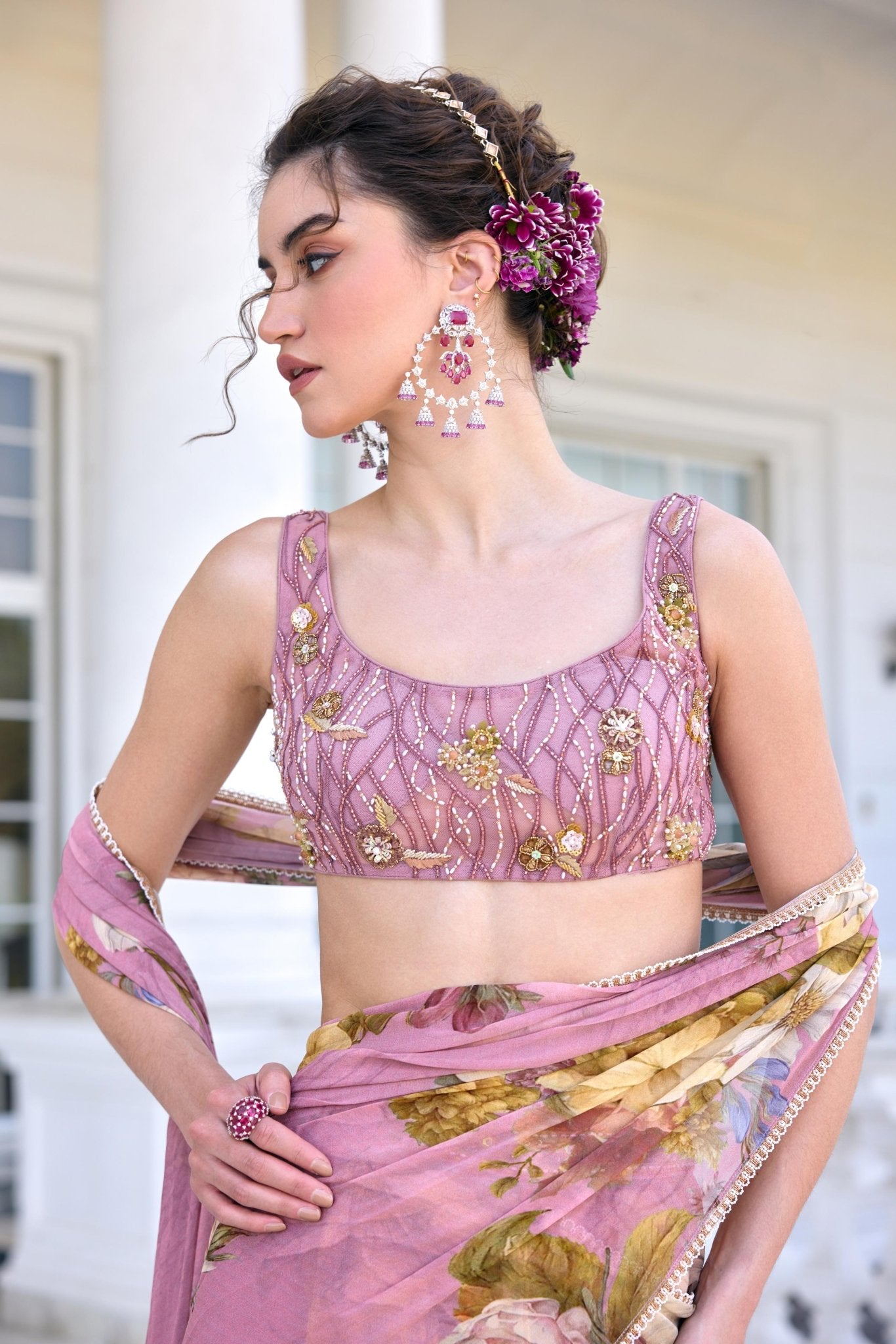 KEISHA DRAPED SAREE SET - White Maison de Couture