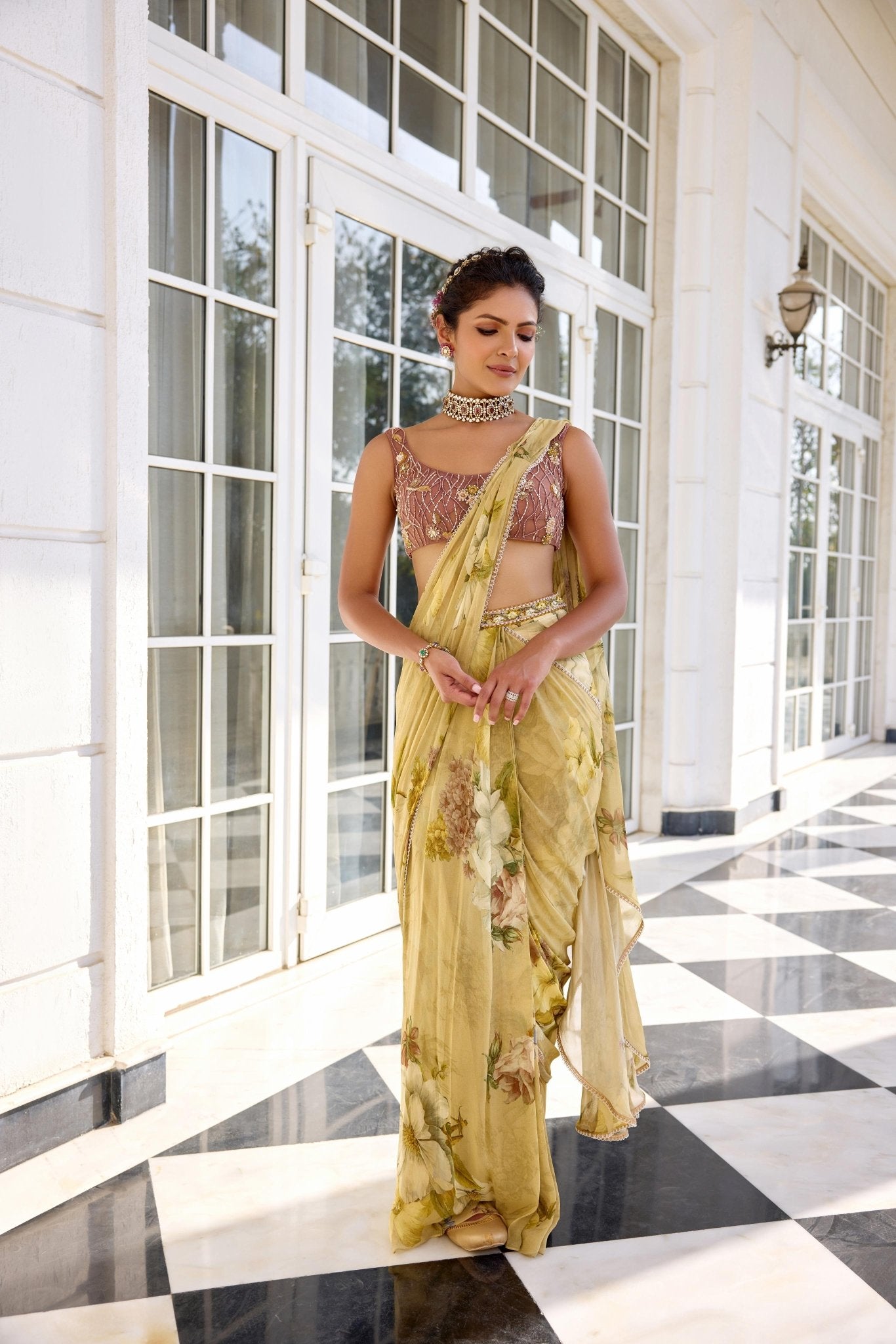 KEISHA DRAPED SAREE SET - White Maison de Couture
