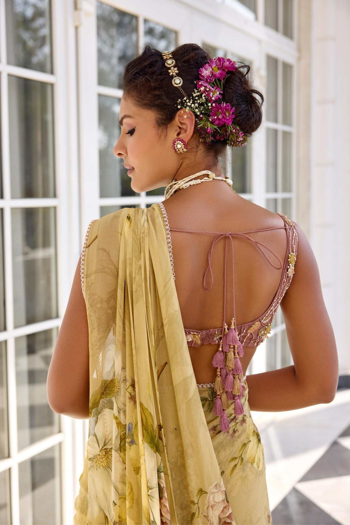 KEISHA DRAPED SAREE SET - White Maison de Couture