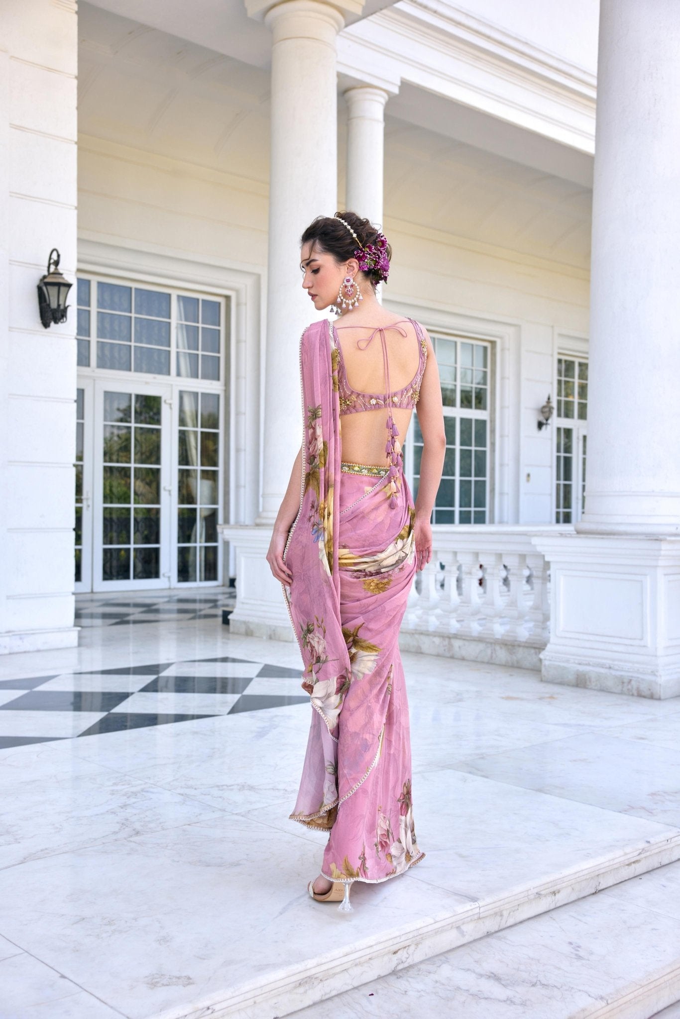 KEISHA DRAPED SAREE SET - White Maison de Couture