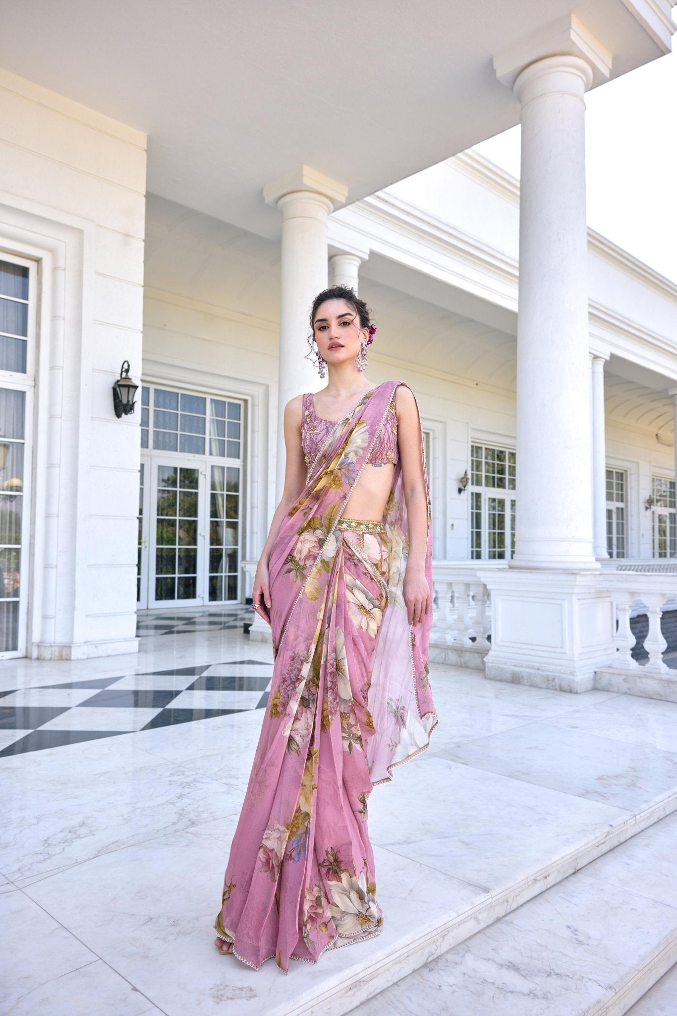 KEISHA DRAPED SAREE SET - White Maison de Couture