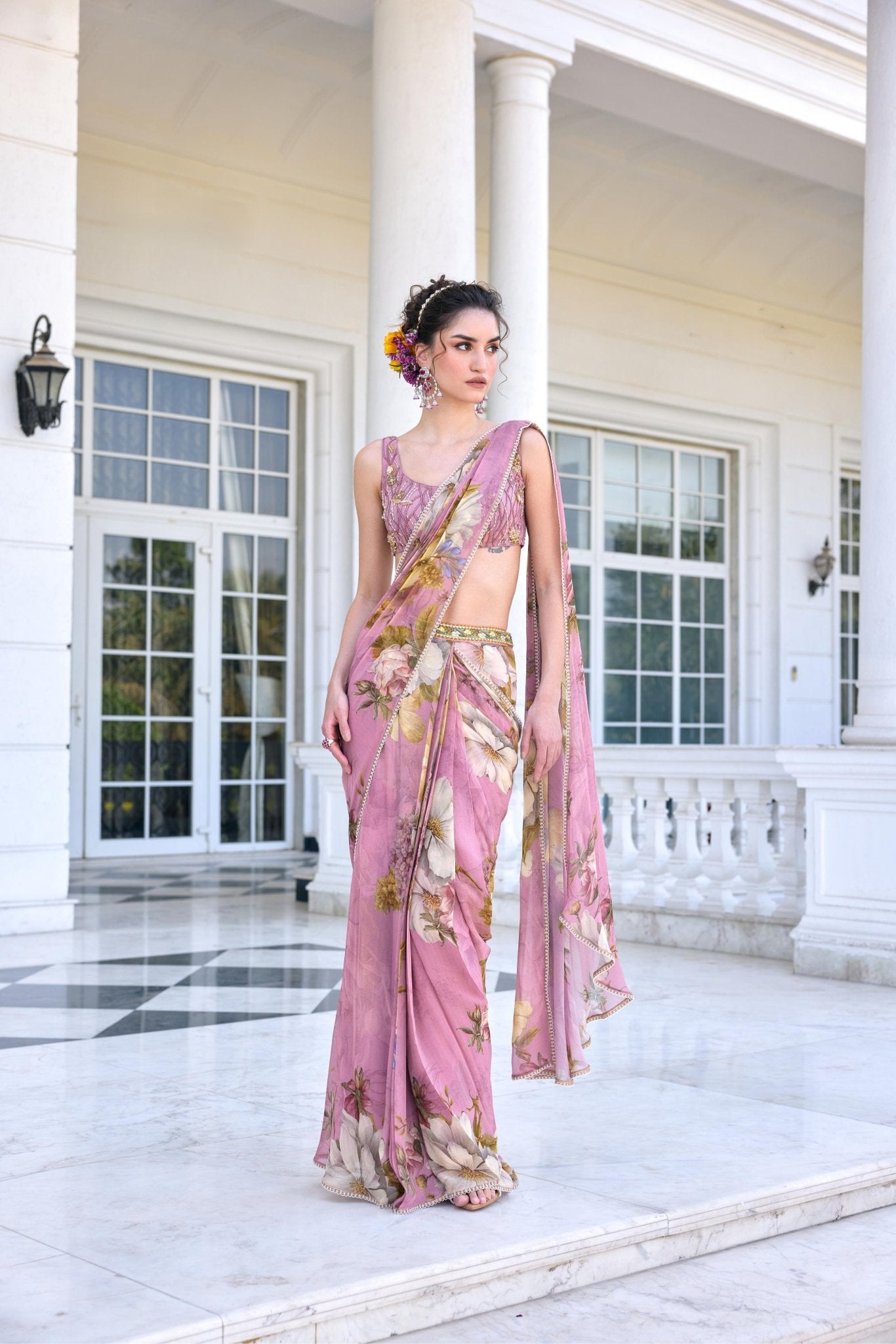 KEISHA DRAPED SAREE SET - White Maison de Couture