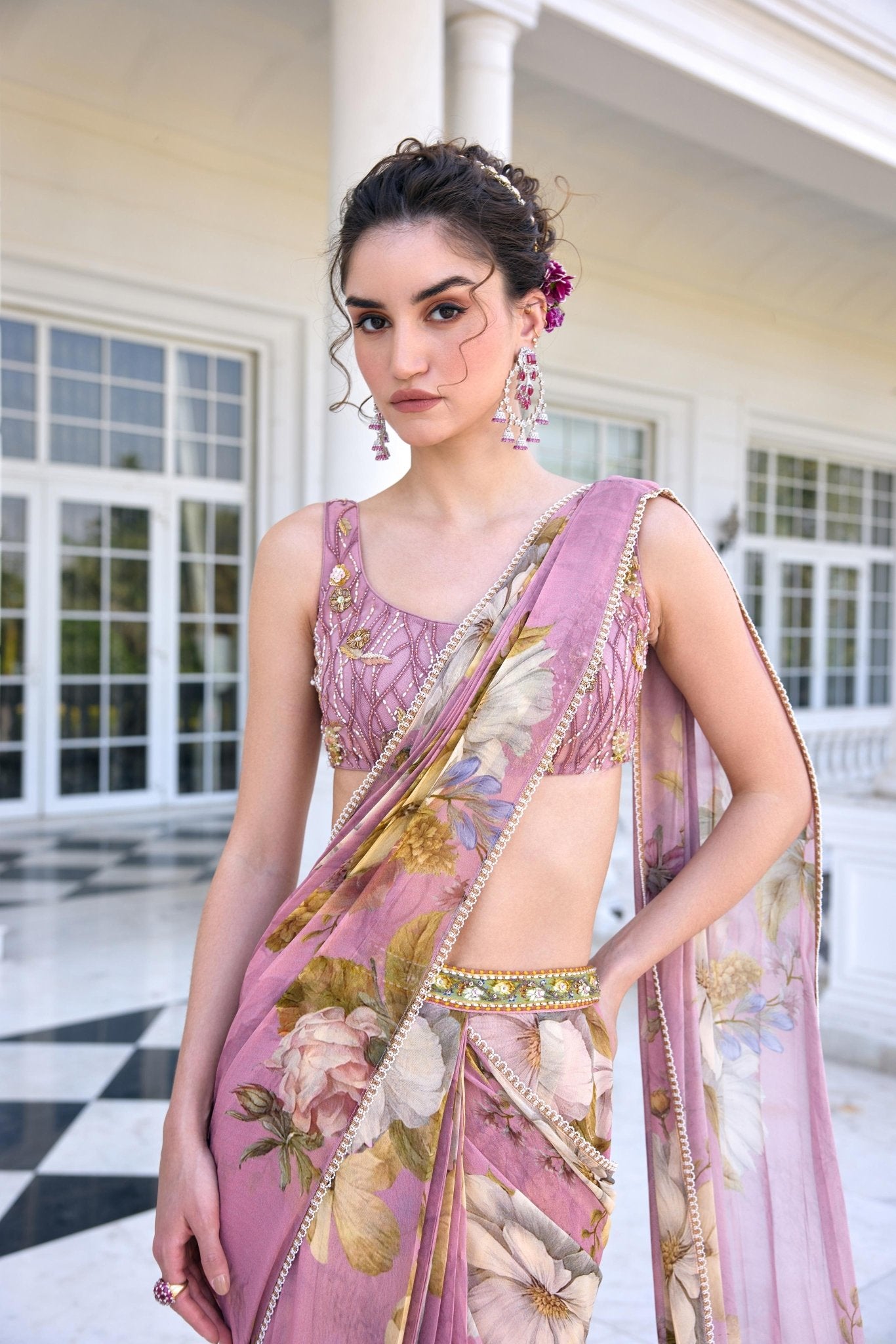 KEISHA DRAPED SAREE SET - White Maison de Couture