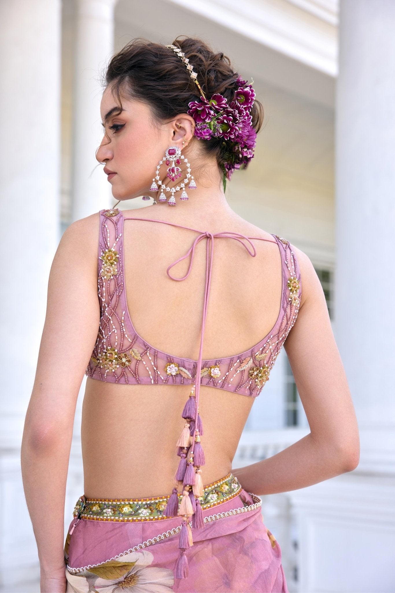 KEISHA DRAPED SAREE SET - White Maison de Couture