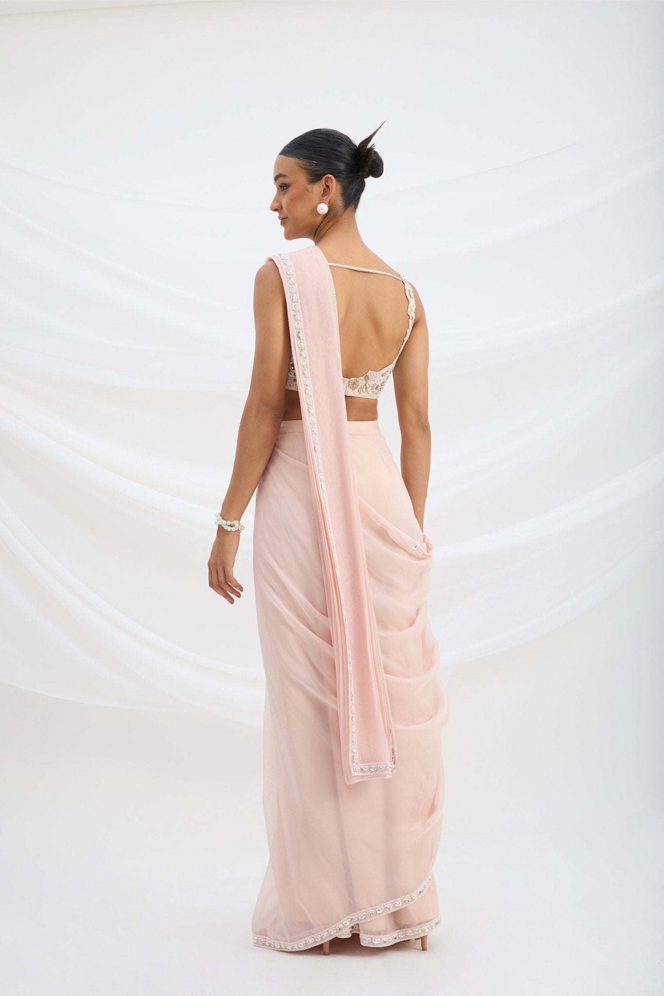 LIGHT PINK DRAPE SAREE SET WITH EMBROIDERED BLOUSE - White Maison de Couture