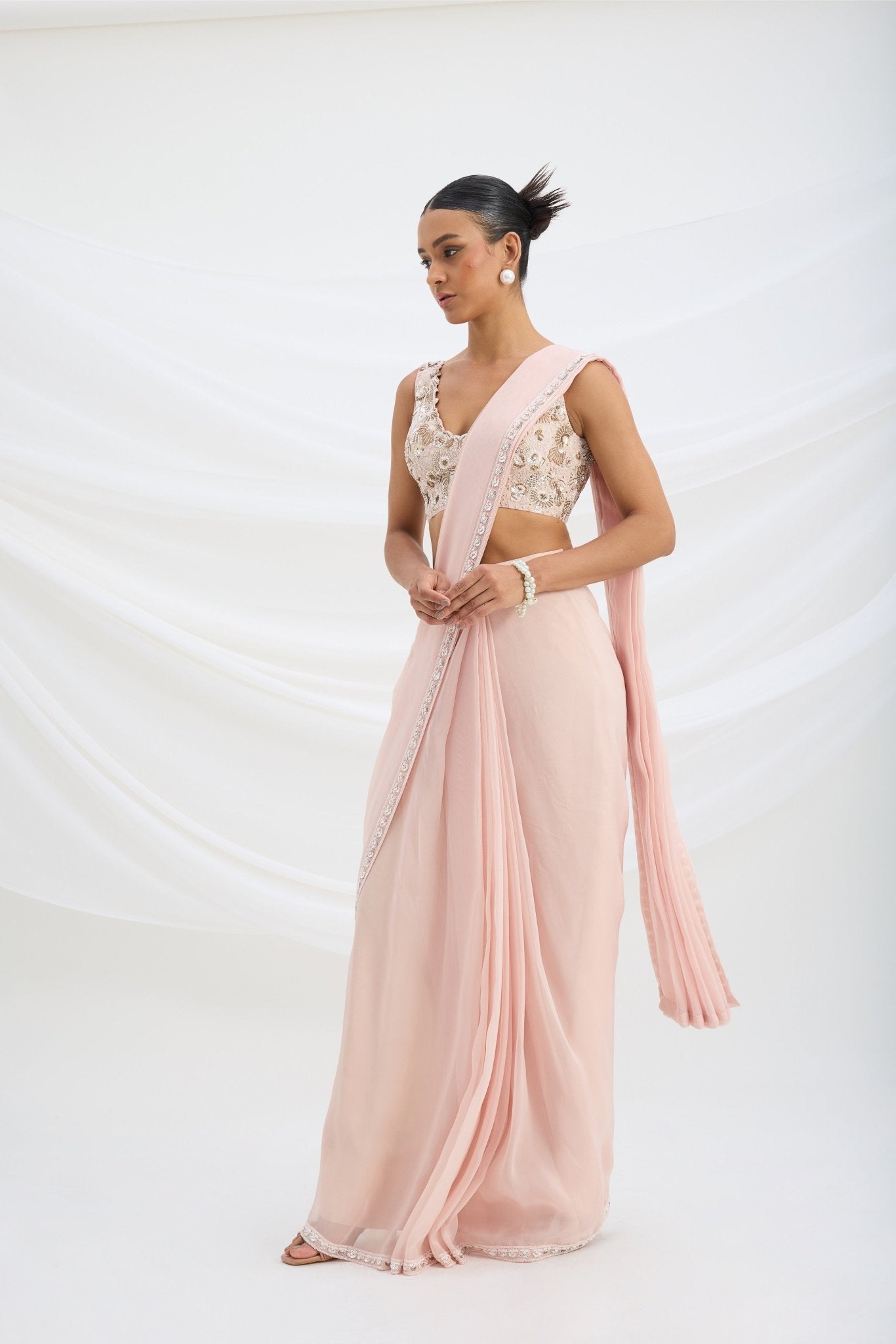LIGHT PINK DRAPE SAREE SET WITH EMBROIDERED BLOUSE - White Maison de Couture