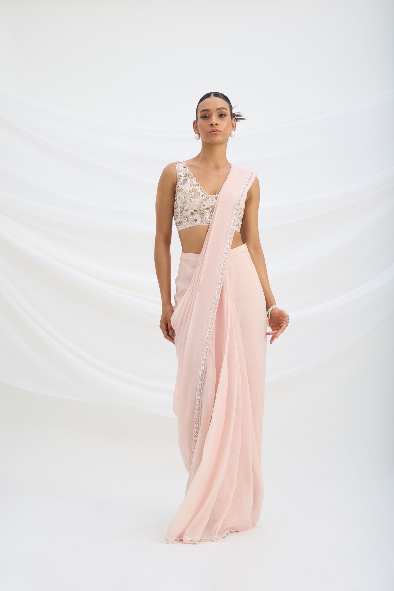 LIGHT PINK DRAPE SAREE SET WITH EMBROIDERED BLOUSE - White Maison de Couture