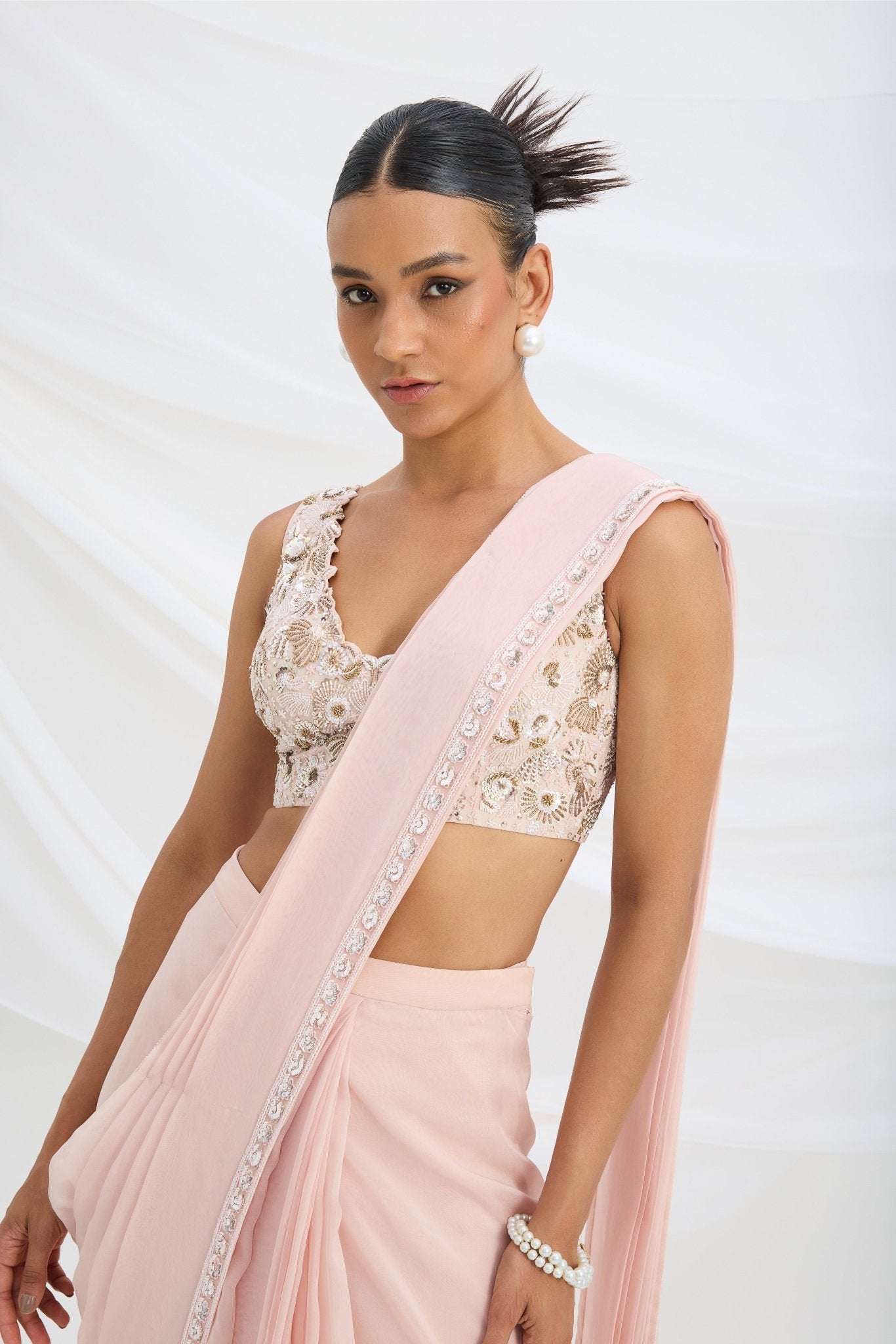 LIGHT PINK DRAPE SAREE SET WITH EMBROIDERED BLOUSE - White Maison de Couture