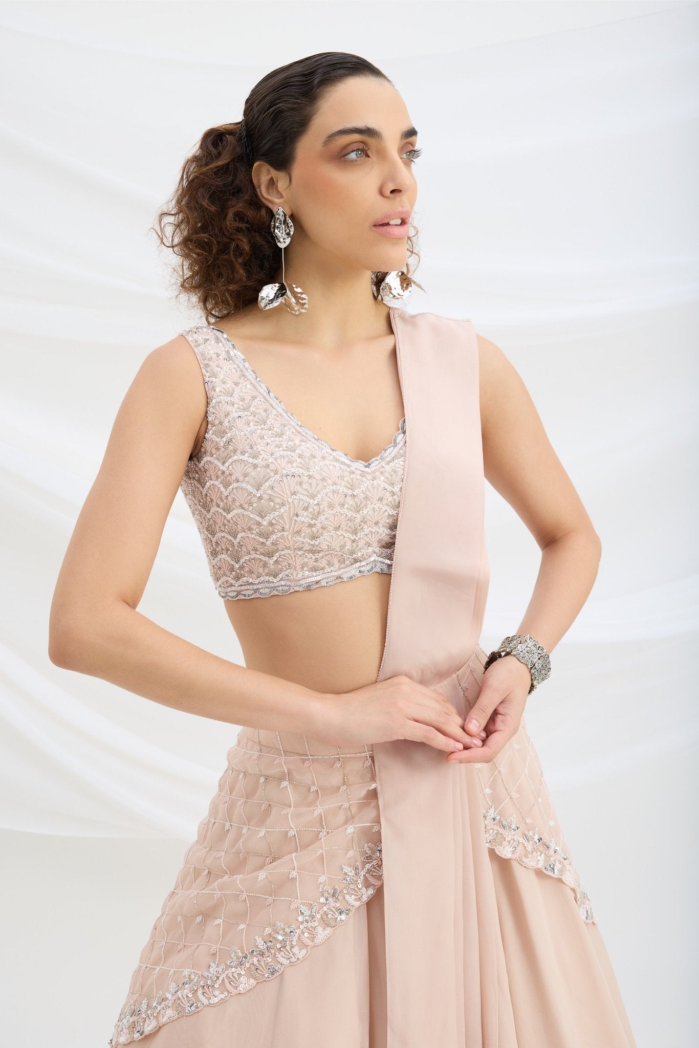 LIGHT PINK EMBROIDERED LEHENGA WITH BLOUSE AND ATTACHED DUPATTA - White Maison de Couture
