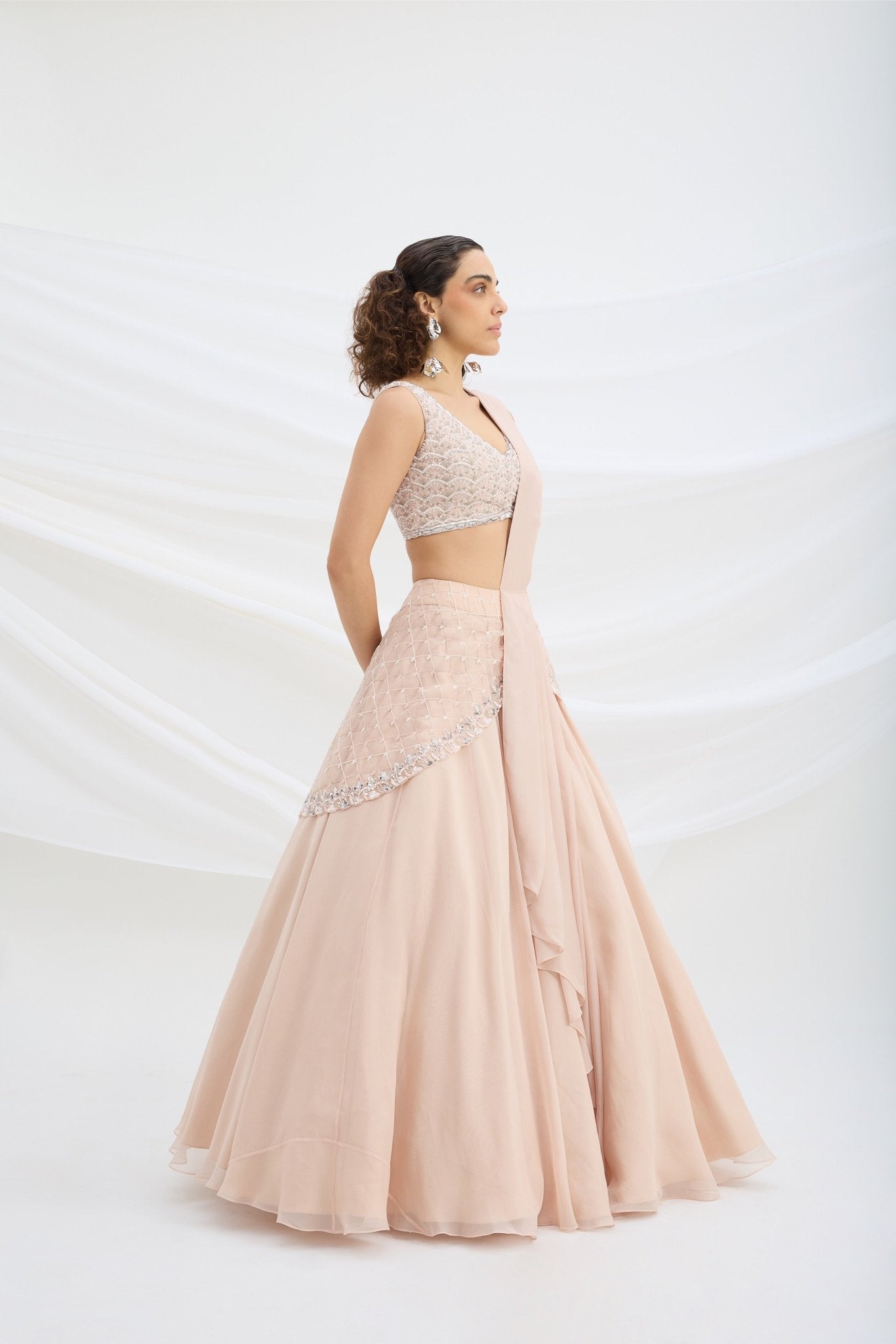 LIGHT PINK EMBROIDERED LEHENGA WITH BLOUSE AND ATTACHED DUPATTA - White Maison de Couture