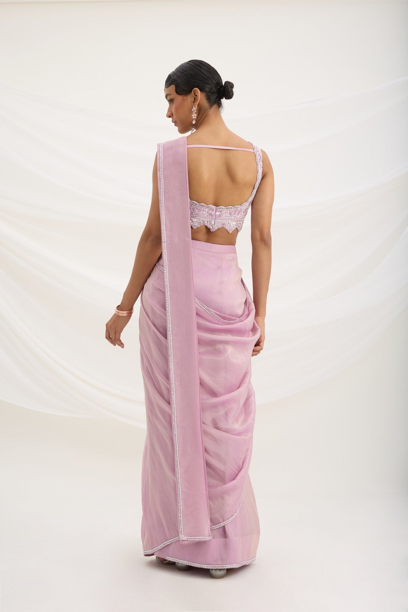 LILAC DRAPE SET SAREE WITH EMBROIDERED BLOUSE - White Maison de Couture