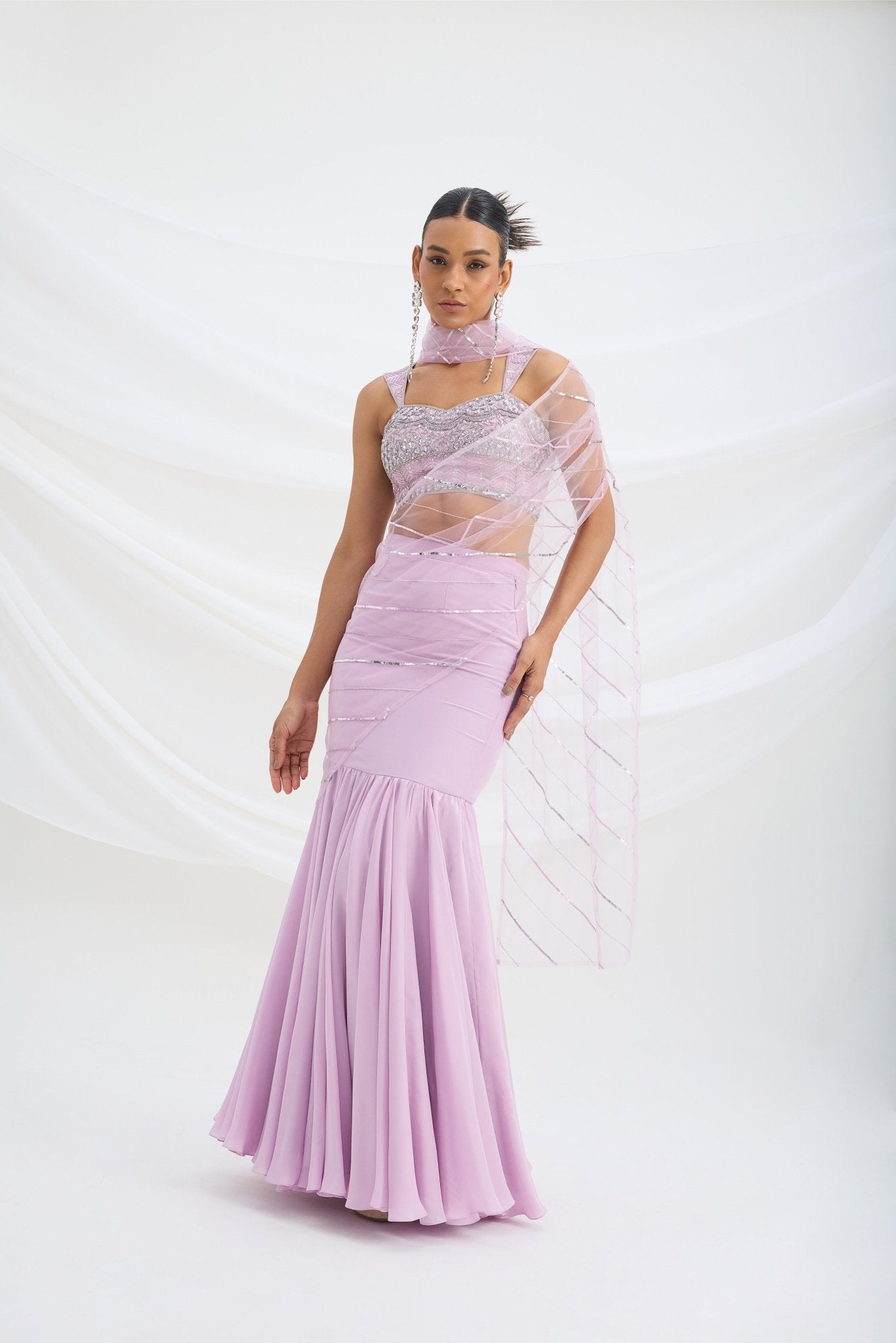 LILAC FISH CUT SKIRT WITH EMBROIDERED BLOUSE WITH ATTACHED DUPATTA - White Maison de Couture