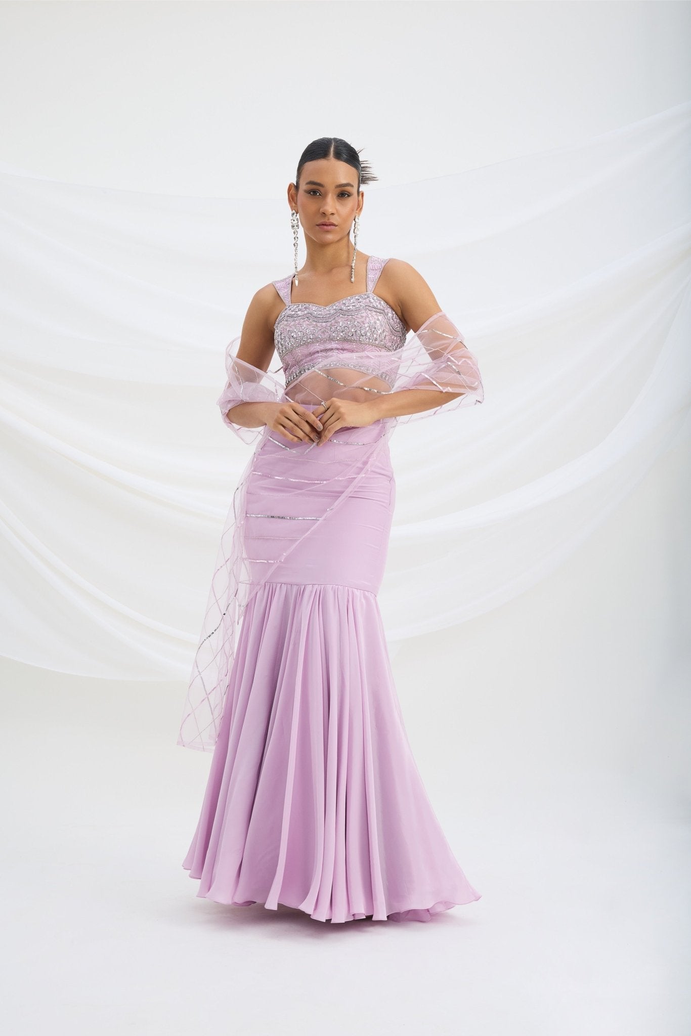 LILAC FISH CUT SKIRT WITH EMBROIDERED BLOUSE WITH ATTACHED DUPATTA - White Maison de Couture