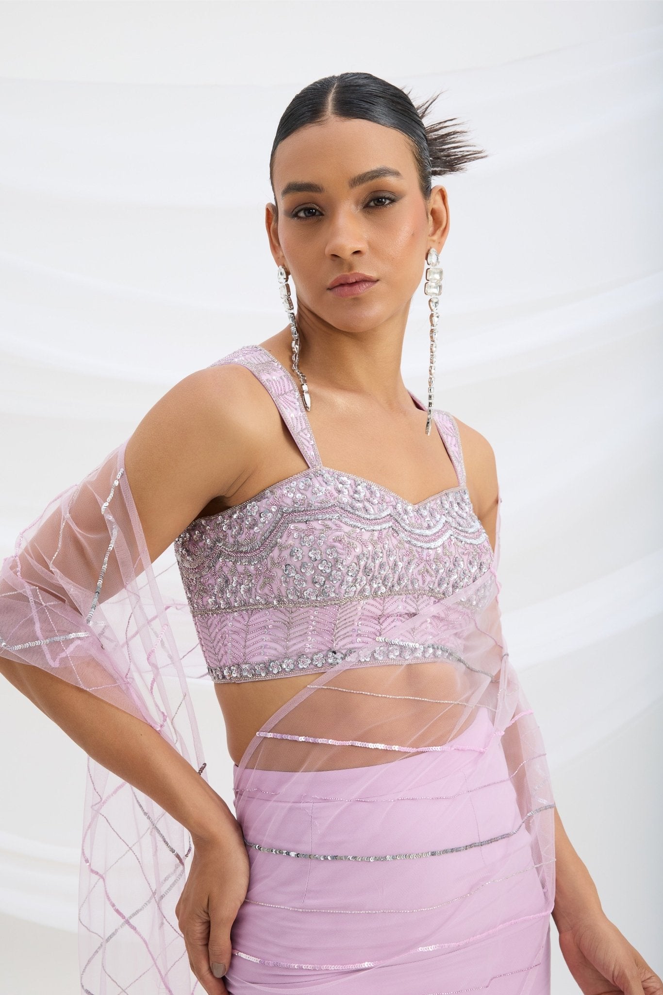 LILAC FISH CUT SKIRT WITH EMBROIDERED BLOUSE WITH ATTACHED DUPATTA - White Maison de Couture