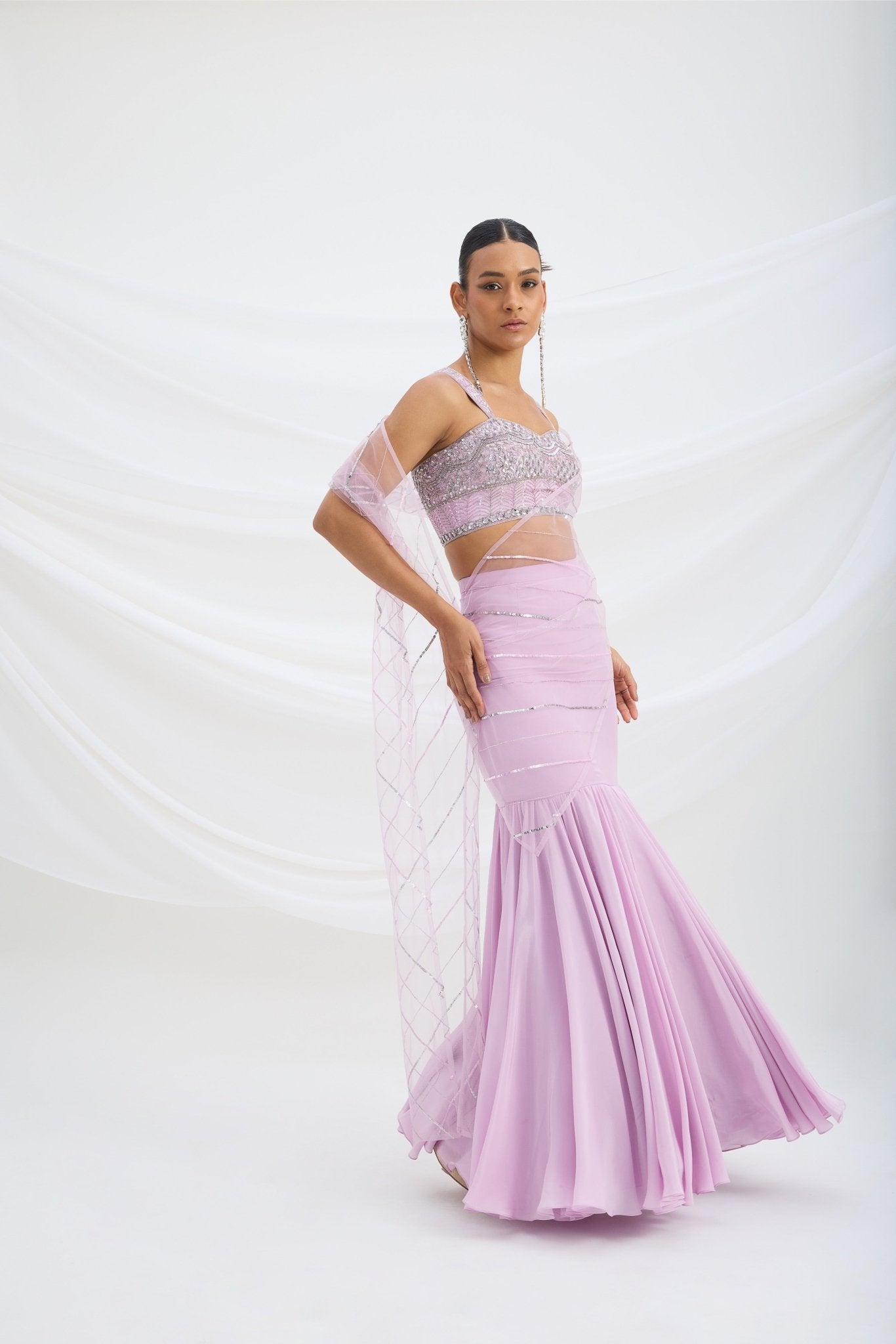 LILAC FISH CUT SKIRT WITH EMBROIDERED BLOUSE WITH ATTACHED DUPATTA - White Maison de Couture