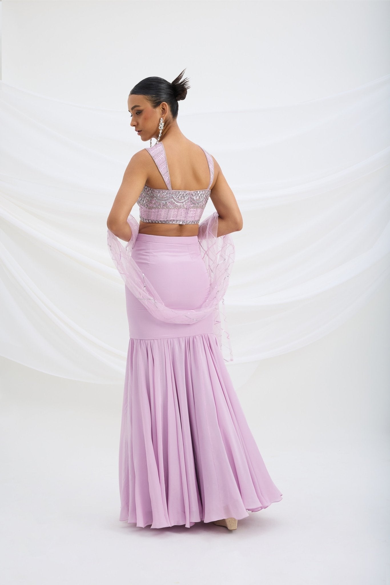 LILAC FISH CUT SKIRT WITH EMBROIDERED BLOUSE WITH ATTACHED DUPATTA - White Maison de Couture