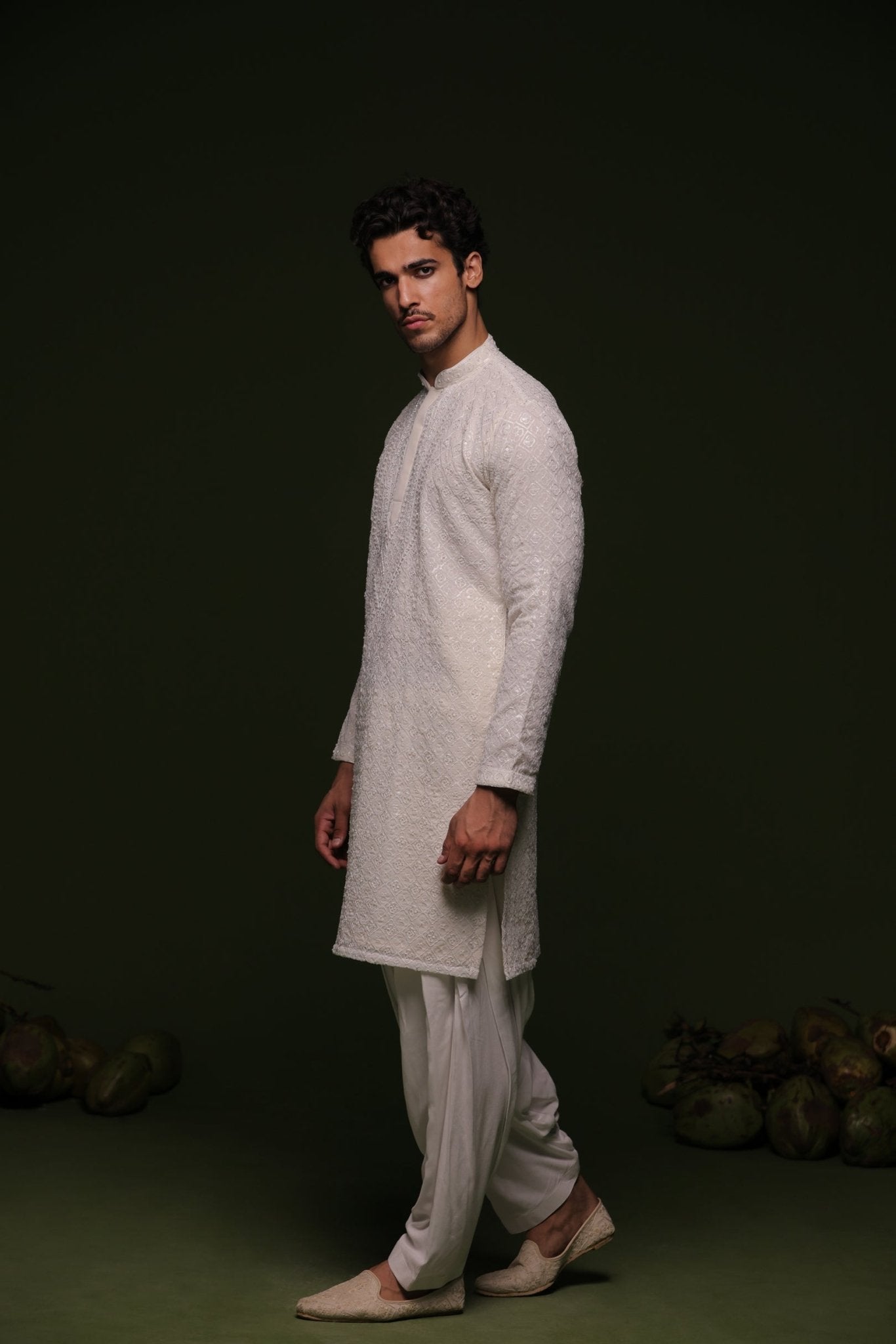 LOKA WHITE KURTA SET WITH PATIYALA AND DUPATTA - White Maison de Couture