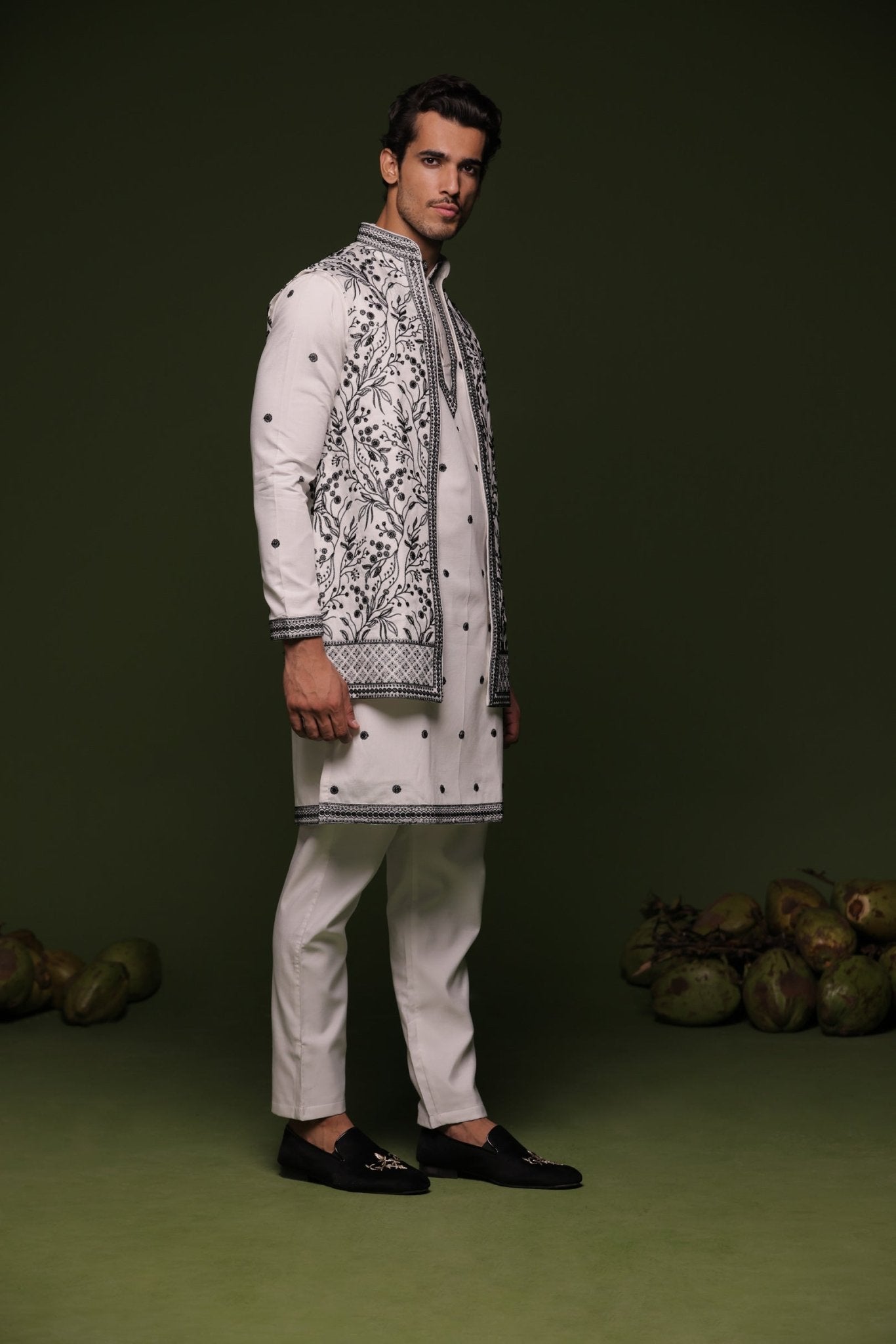 MANU WHITE JACKET KURTA SET - White Maison de Couture