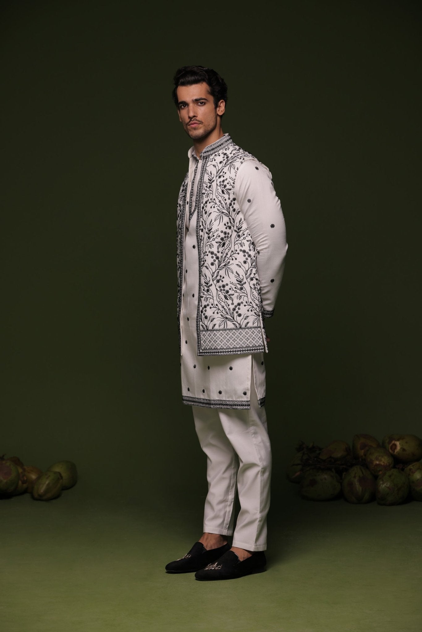 MANU WHITE JACKET KURTA SET - White Maison de Couture
