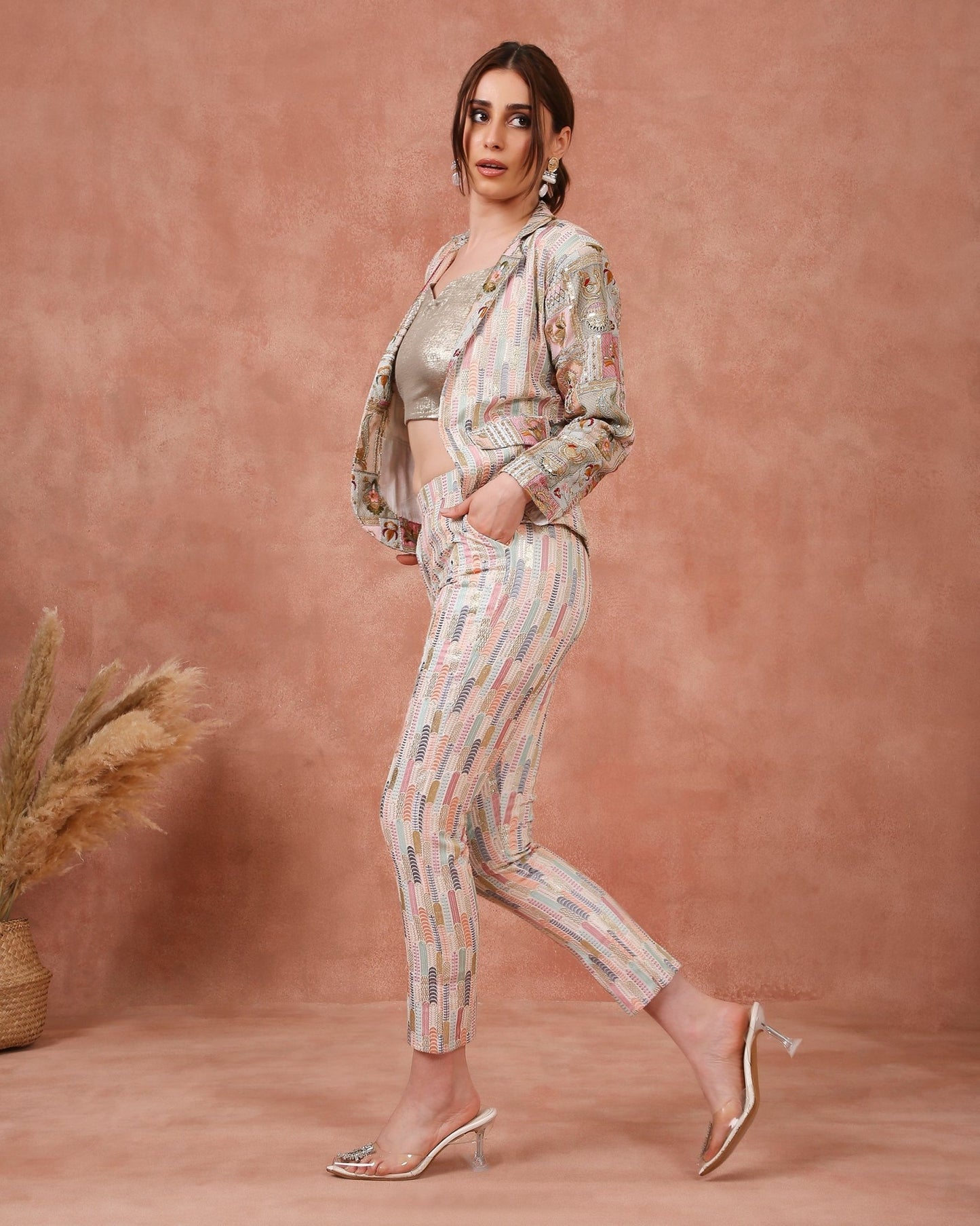 MULTI COLOUR HAND WORK ON JACKET WITH PANTS - White Maison de Couture