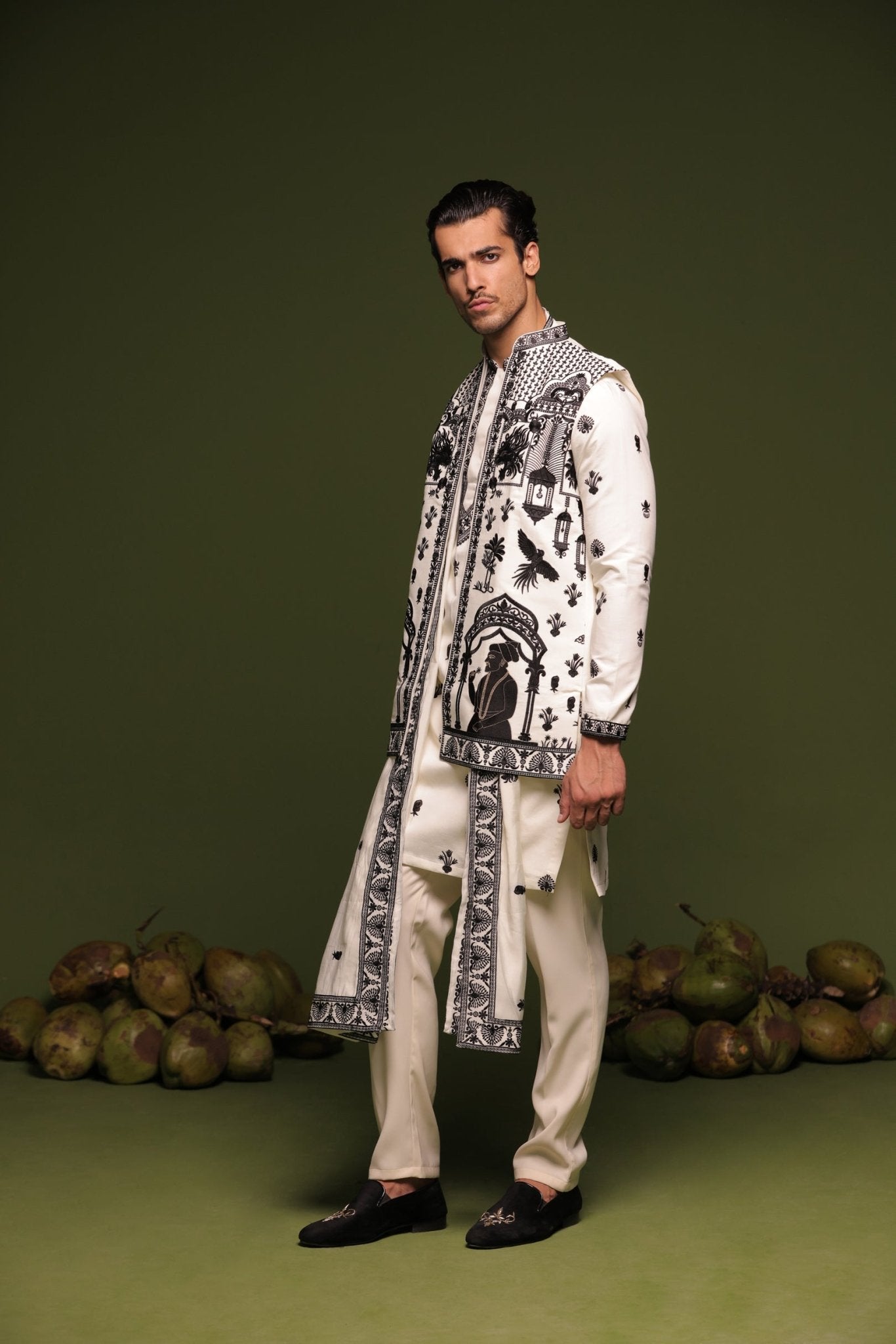 NAVNEET CREAM JACKET KURTA SET WITH DUPATTA - White Maison de Couture