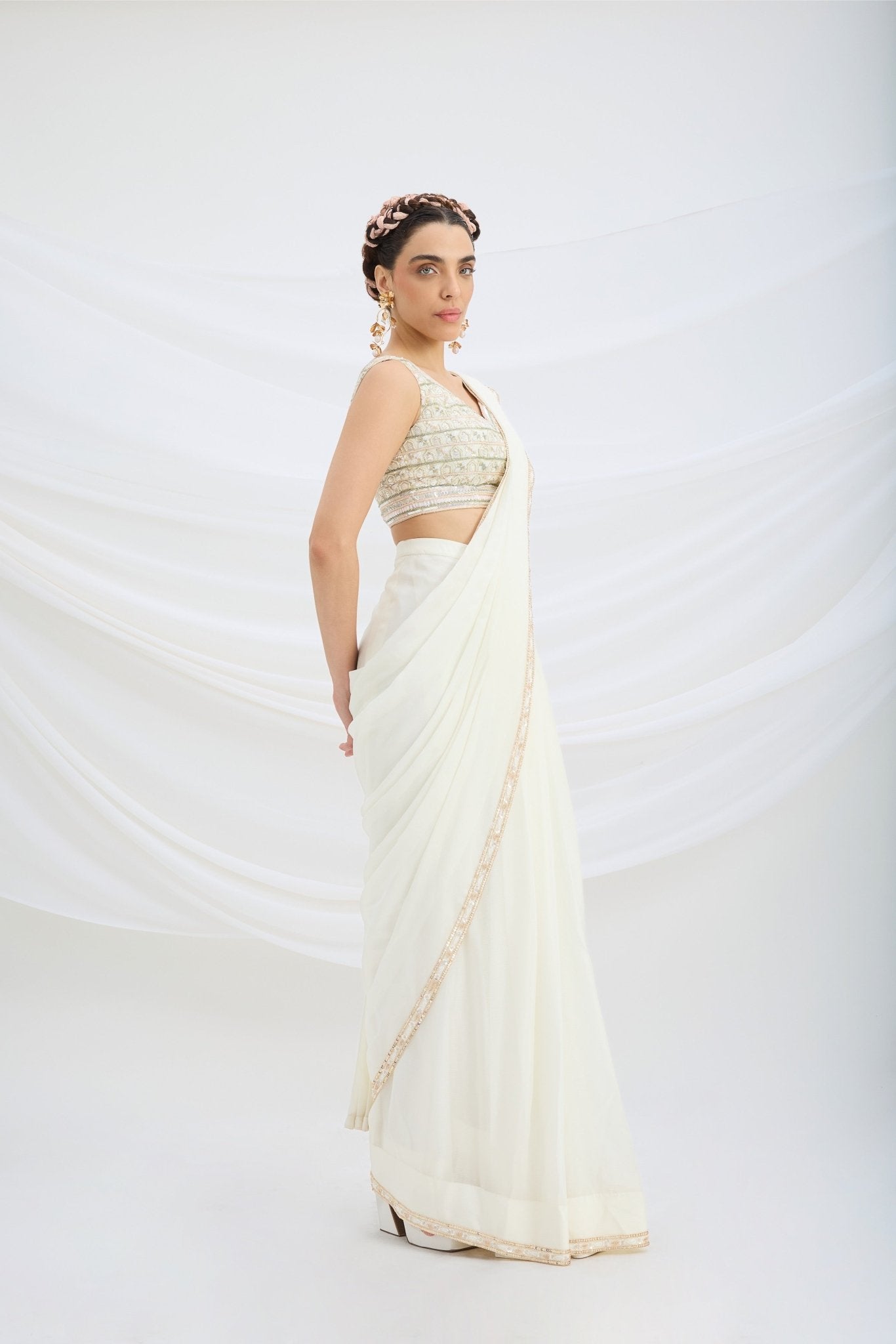 OFF WHITE DRAPE SET SAREE WITH EMBROIDERED BLOUSE - White Maison de Couture