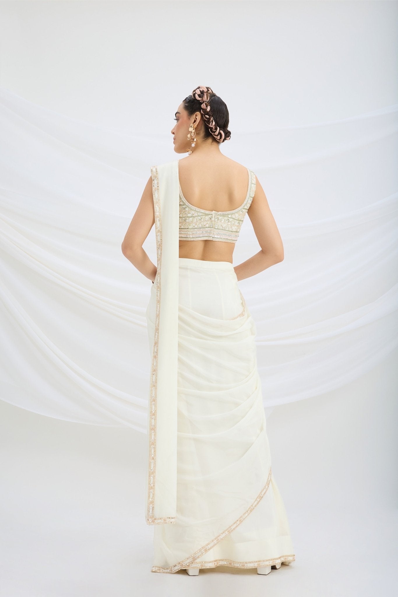 OFF WHITE DRAPE SET SAREE WITH EMBROIDERED BLOUSE - White Maison de Couture