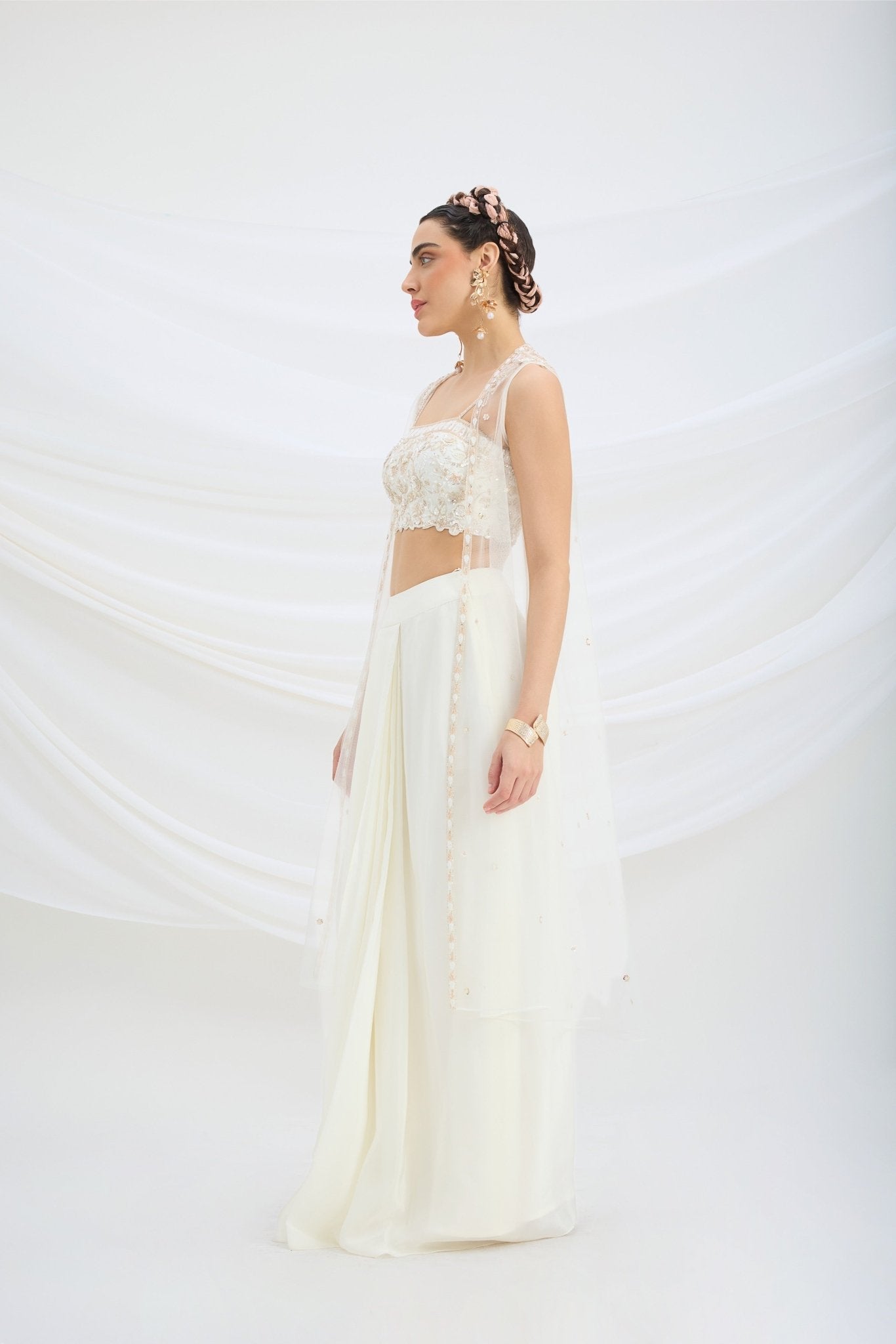 OFF WHITE EMBROIDERED JACKET WITH DRAPE SKIRT AND EMBROIDERED CROP TOP - White Maison de Couture